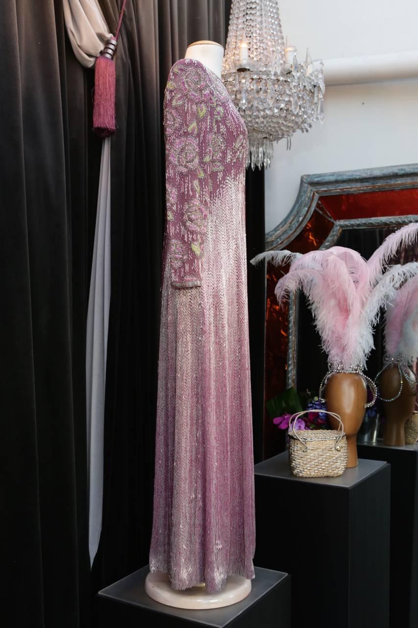 1975s Jean Louis Scherrer Long Iridescent Violet Beaded Gown In Good Condition For Sale In Paris, FR