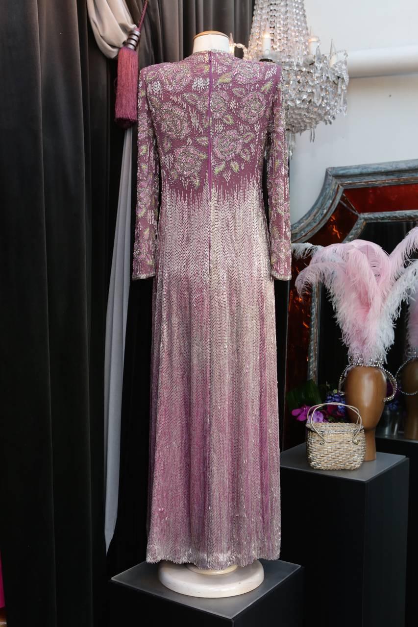 Brown 1975s Jean Louis Scherrer Long Iridescent Violet Beaded Gown For Sale