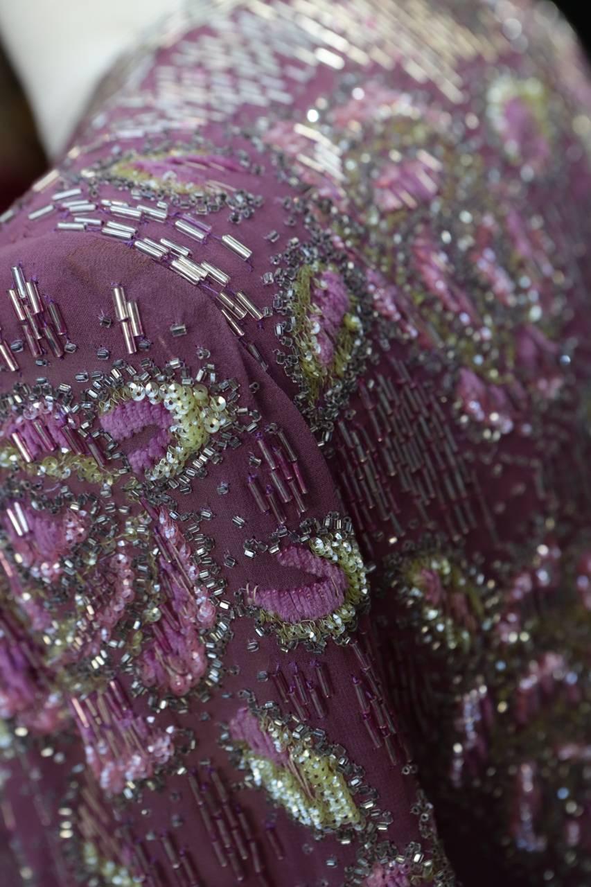 1975s Jean Louis Scherrer Long Iridescent Violet Beaded Gown For Sale 4