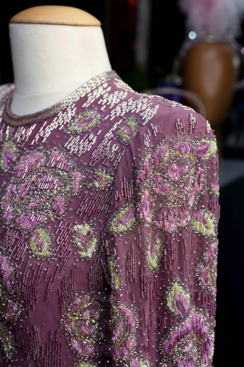 1975s Jean Louis Scherrer Long Iridescent Violet Beaded Gown For Sale 3