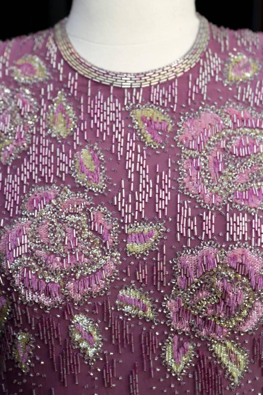 1975s Jean Louis Scherrer Long Iridescent Violet Beaded Gown For Sale 1