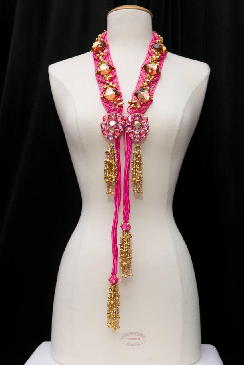 Late 1970s Yves Saint Laurent Pink Passementerie Crystals and Tassels Belt In Excellent Condition In Paris, FR