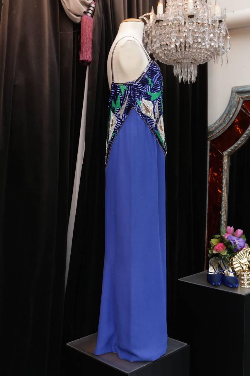 Women's Early 1980s Pierre Balmain Haute Couture Blue Beaded Dress For Sale