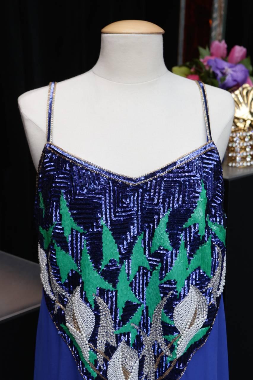 Early 1980s Pierre Balmain Haute Couture Blue Beaded Dress For Sale 1