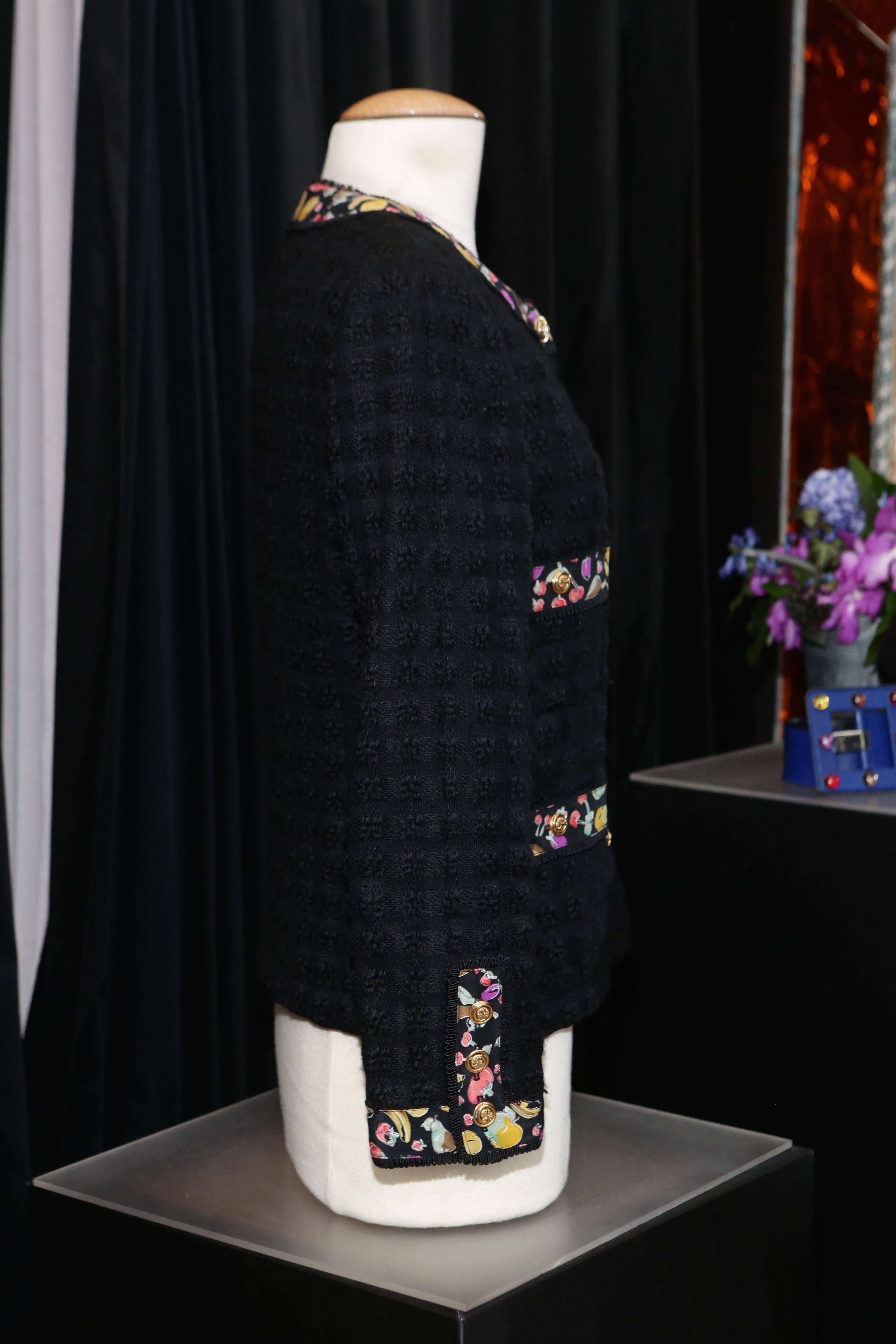 Women's 1990s Chanel Black Tweed and Fruit Pattern Silk Jacket For Sale