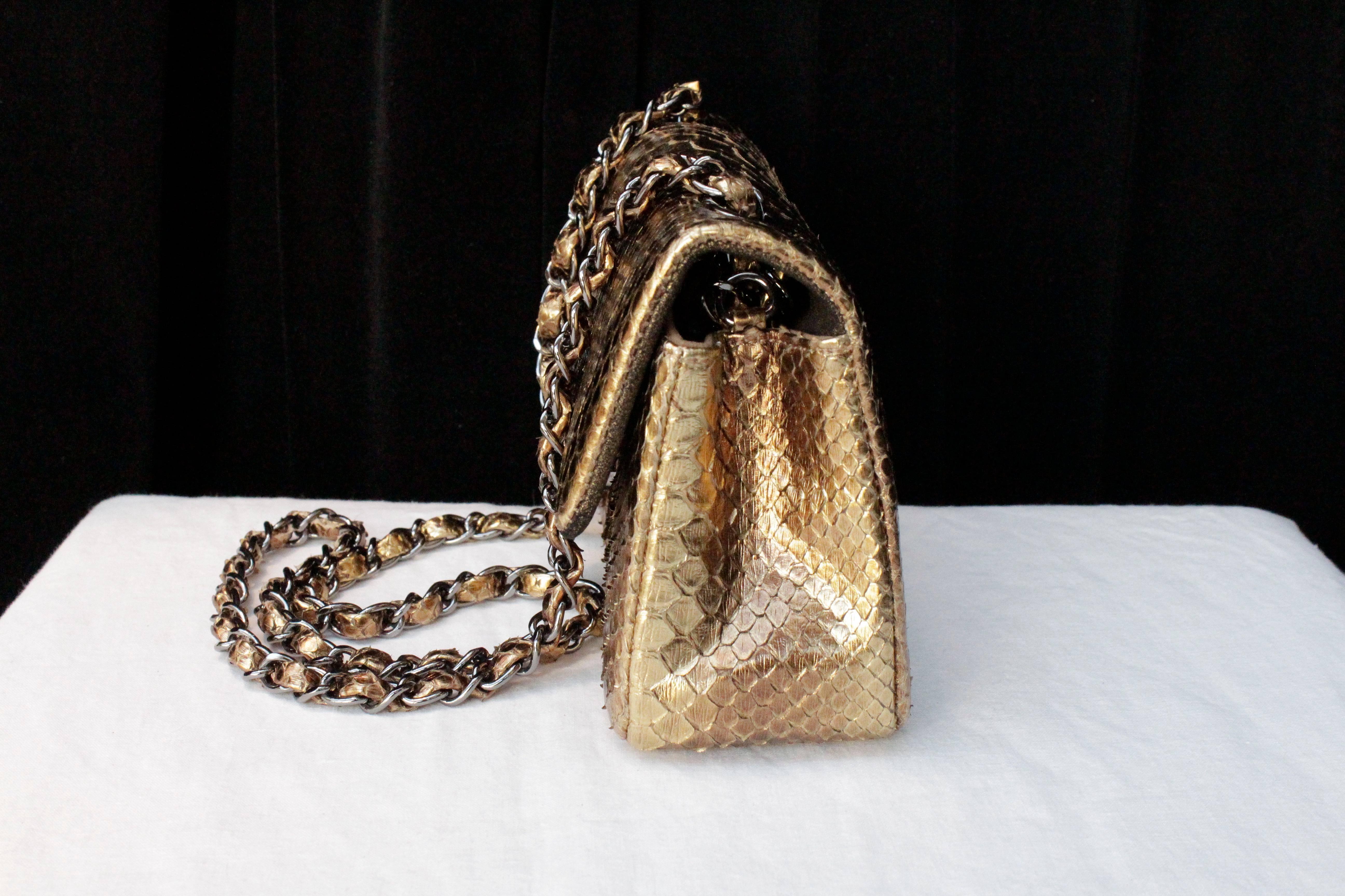 Women's or Men's 2000s Chanel Mini Timeless bag in Gold Tone Snakeskin and Silvered Hardware