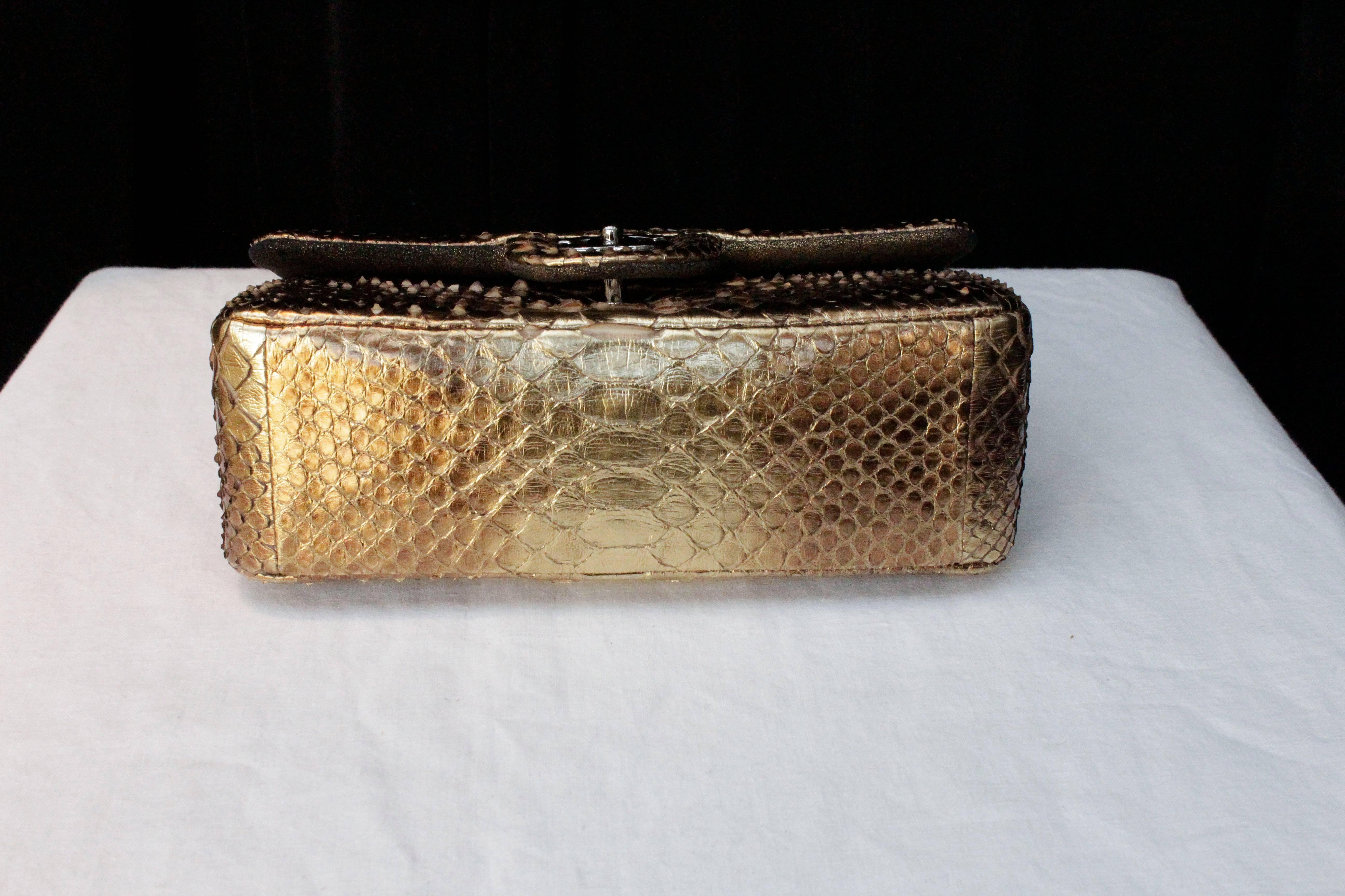 Brown 2000s Chanel Mini Timeless bag in Gold Tone Snakeskin and Silvered Hardware