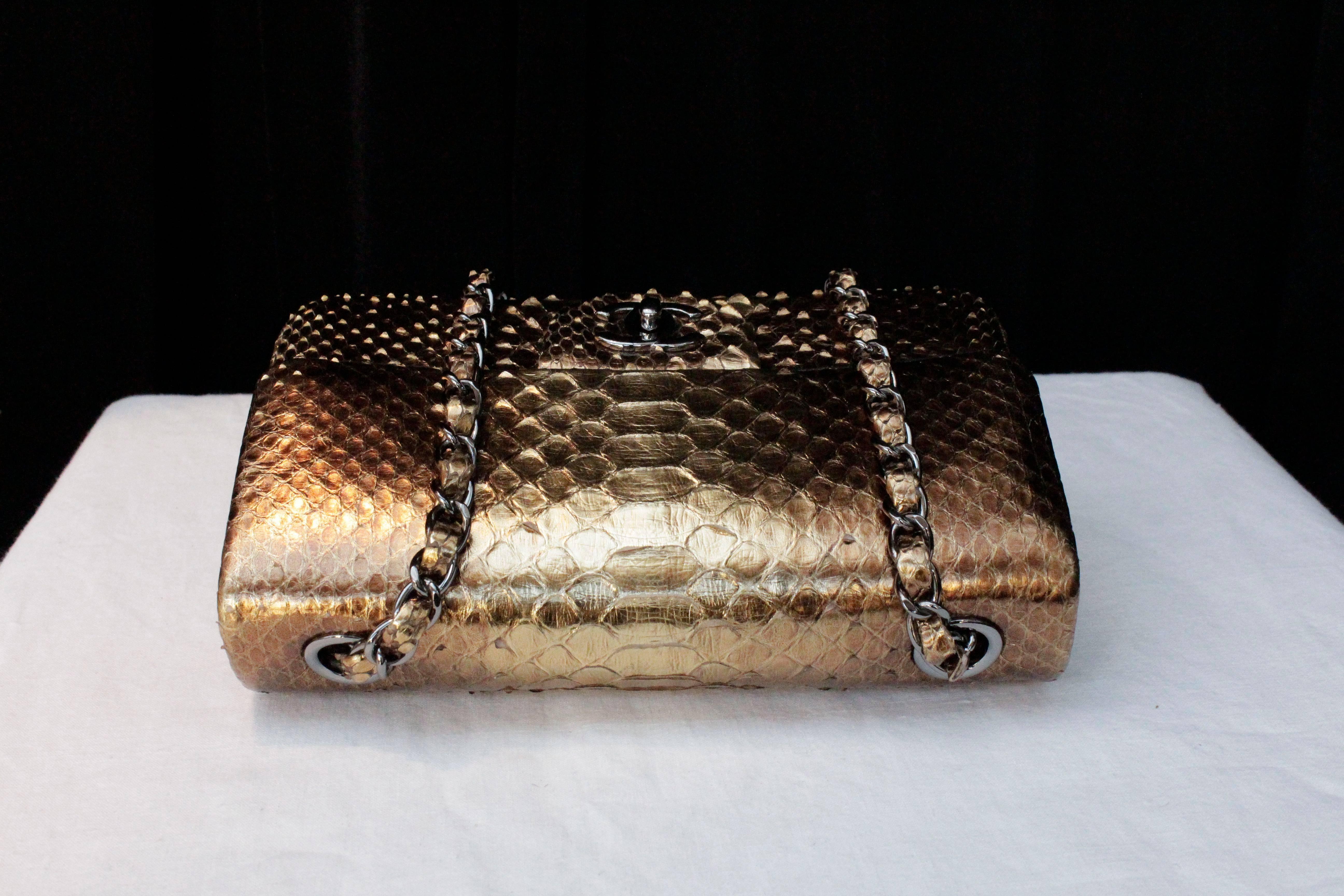 2000s Chanel Mini Timeless bag in Gold Tone Snakeskin and Silvered Hardware 2