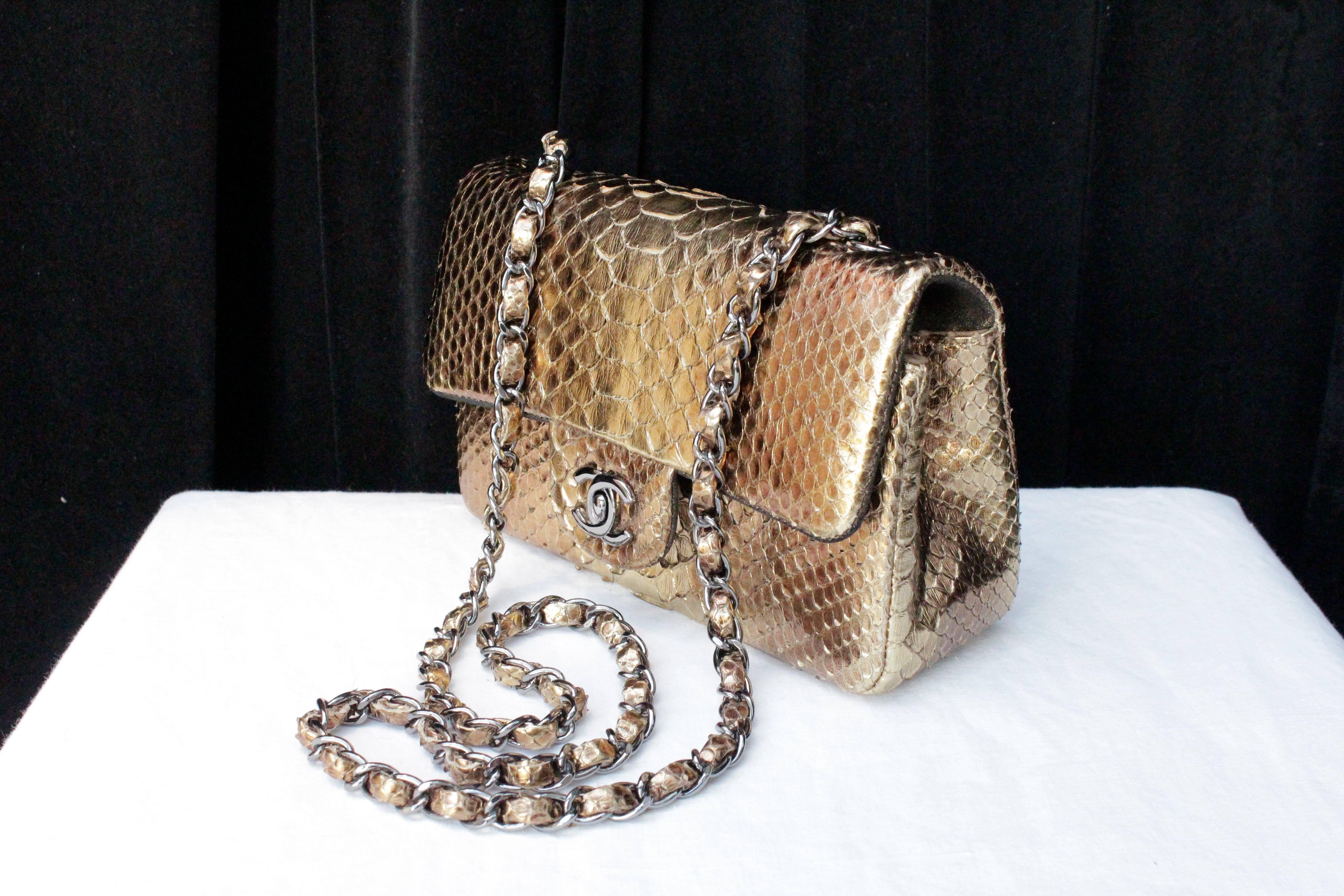 2000s Chanel Mini Timeless bag in Gold Tone Snakeskin and Silvered Hardware In Excellent Condition In Paris, FR
