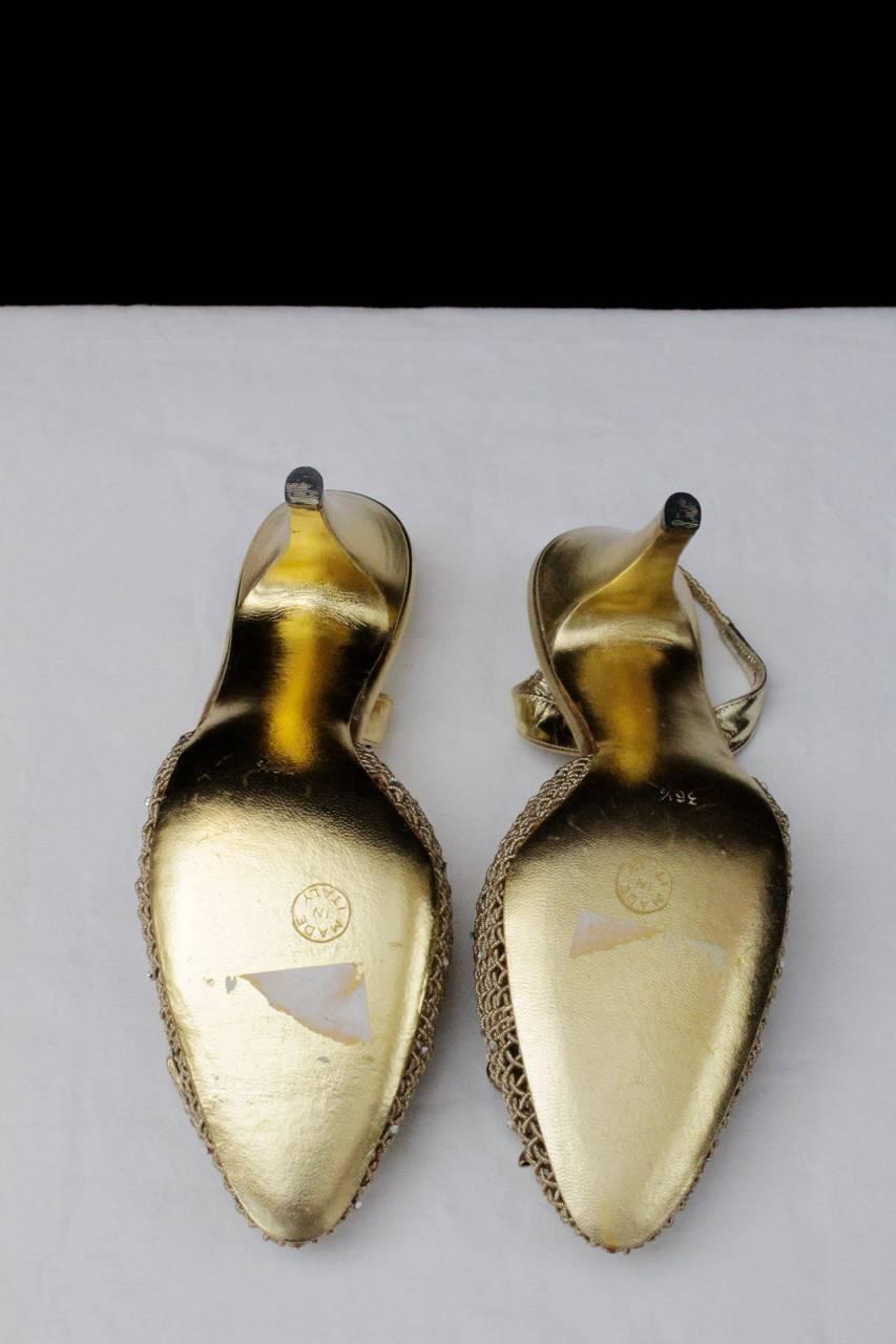 1990s Chanel Gold Tone Jewelry Slingback Shoes  2