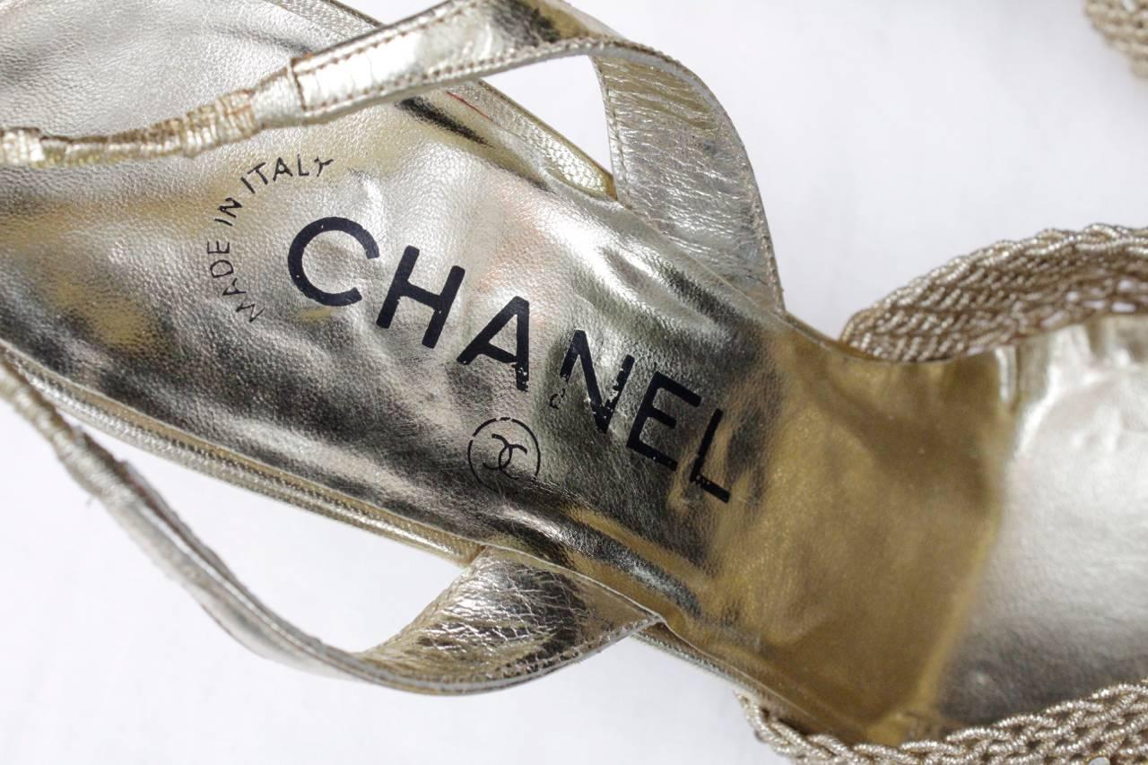1990s Chanel Gold Tone Jewelry Slingback Shoes  3