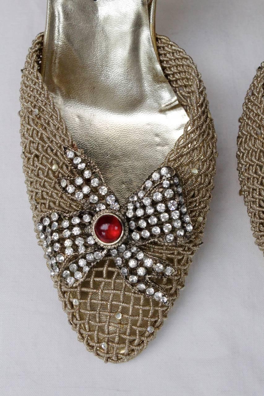 Women's 1990s Chanel Gold Tone Jewelry Slingback Shoes 