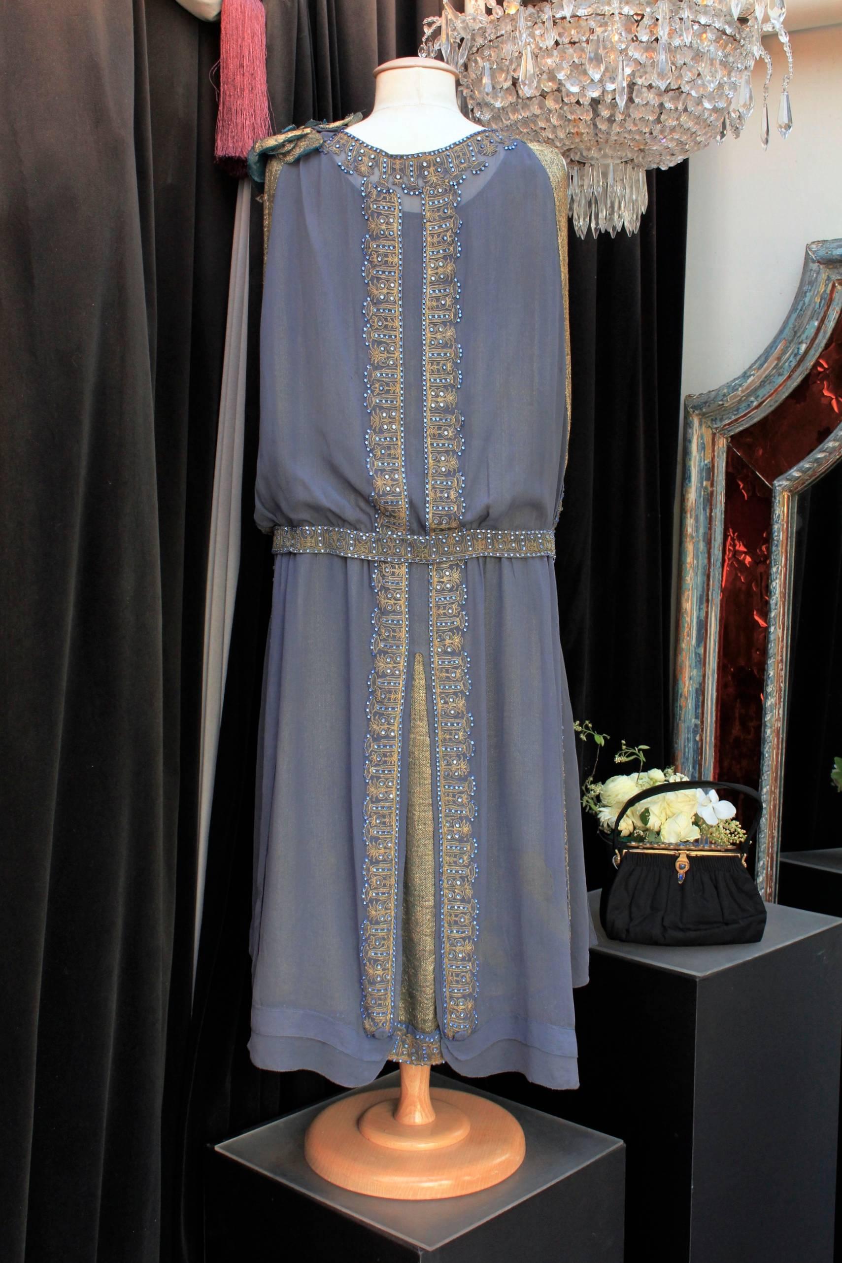 Gray 1920s Night Blue and Goldtone Lame Dress For Sale