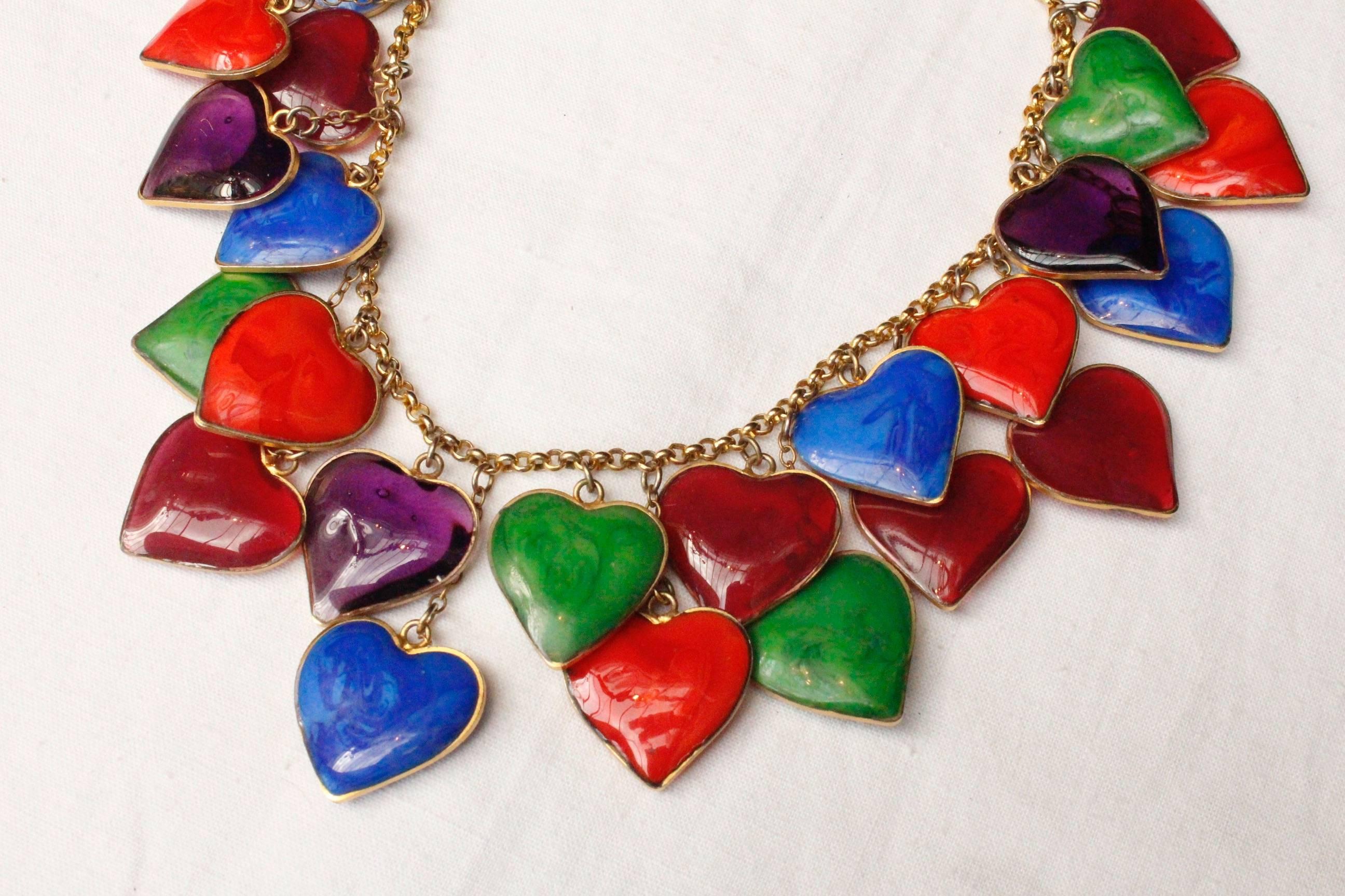 Women's Yves Saint Laurent multicolor glass paste hearts necklace, 1960s  For Sale
