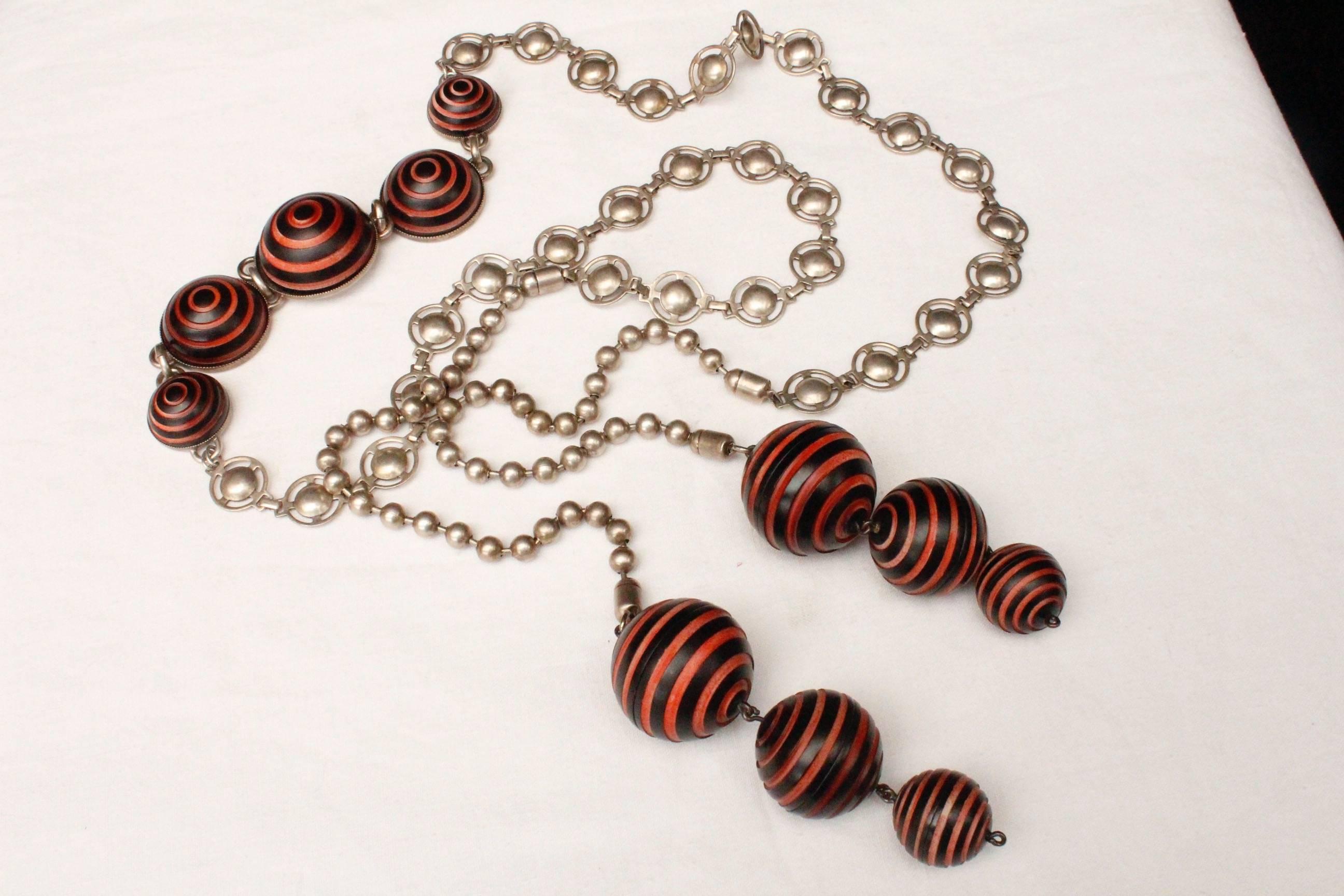 Women's 1990s, Jean-Paul Gaultier long tie-necklace with black and orange spheres For Sale