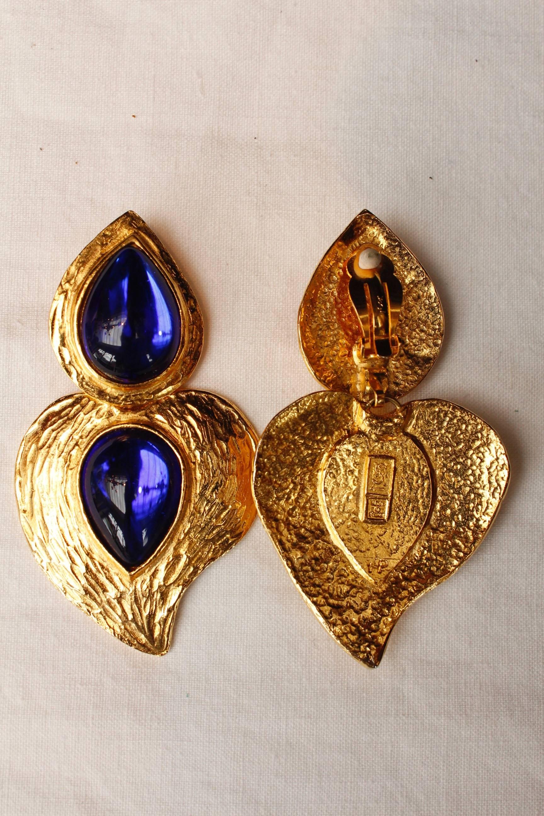 1980 Yves Saint Laurent heart-shaped earrings in gilded metal and blue cabochons 1
