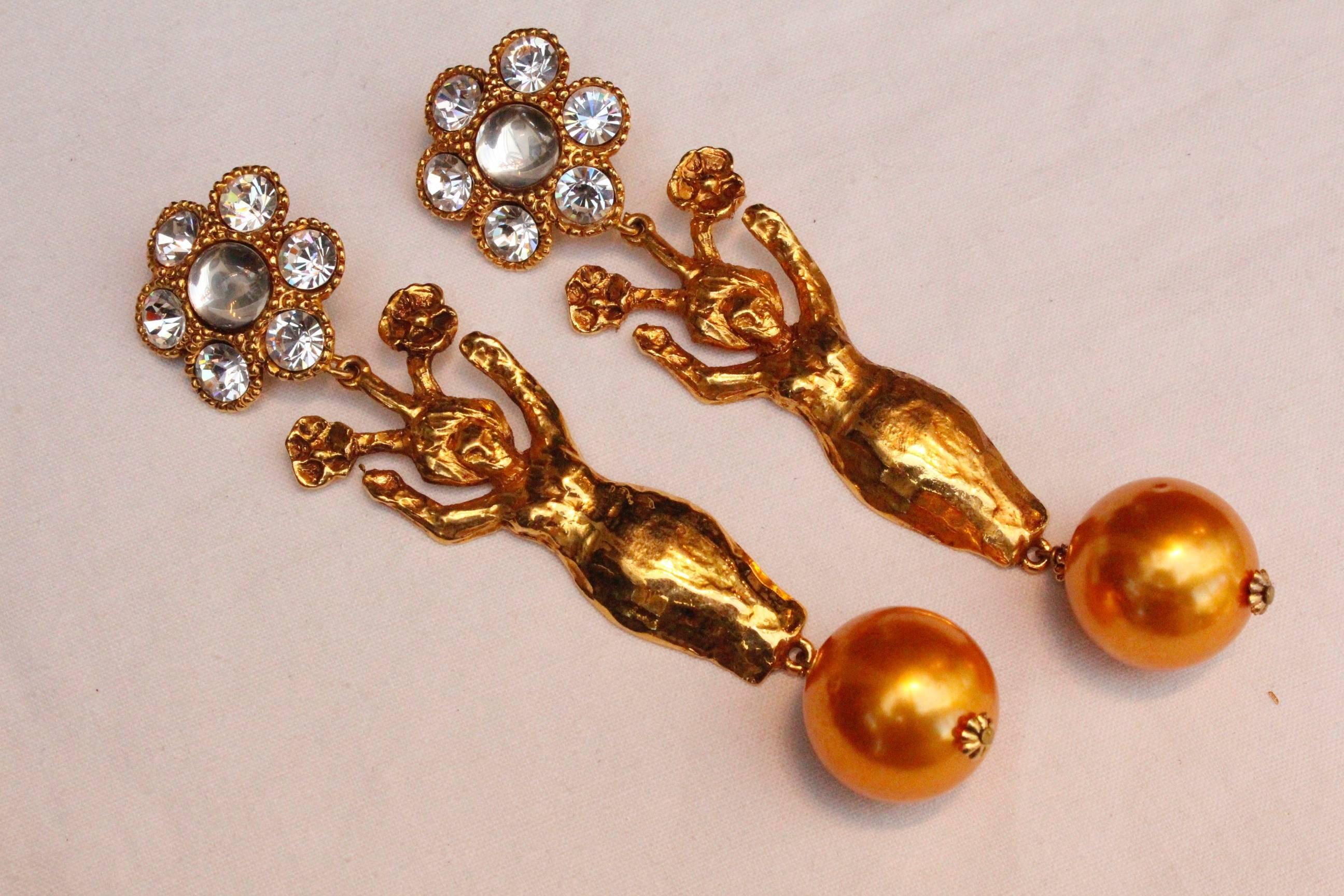 Women's 1990s Christian Lacroix gilded metal drop clip-on earrings with rhinestones