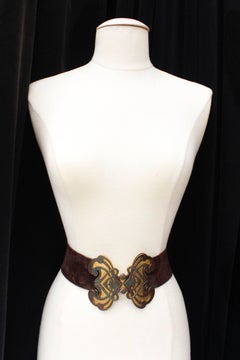1970s Yves Saint Laurent wide brown suede belt with butterfly buckle