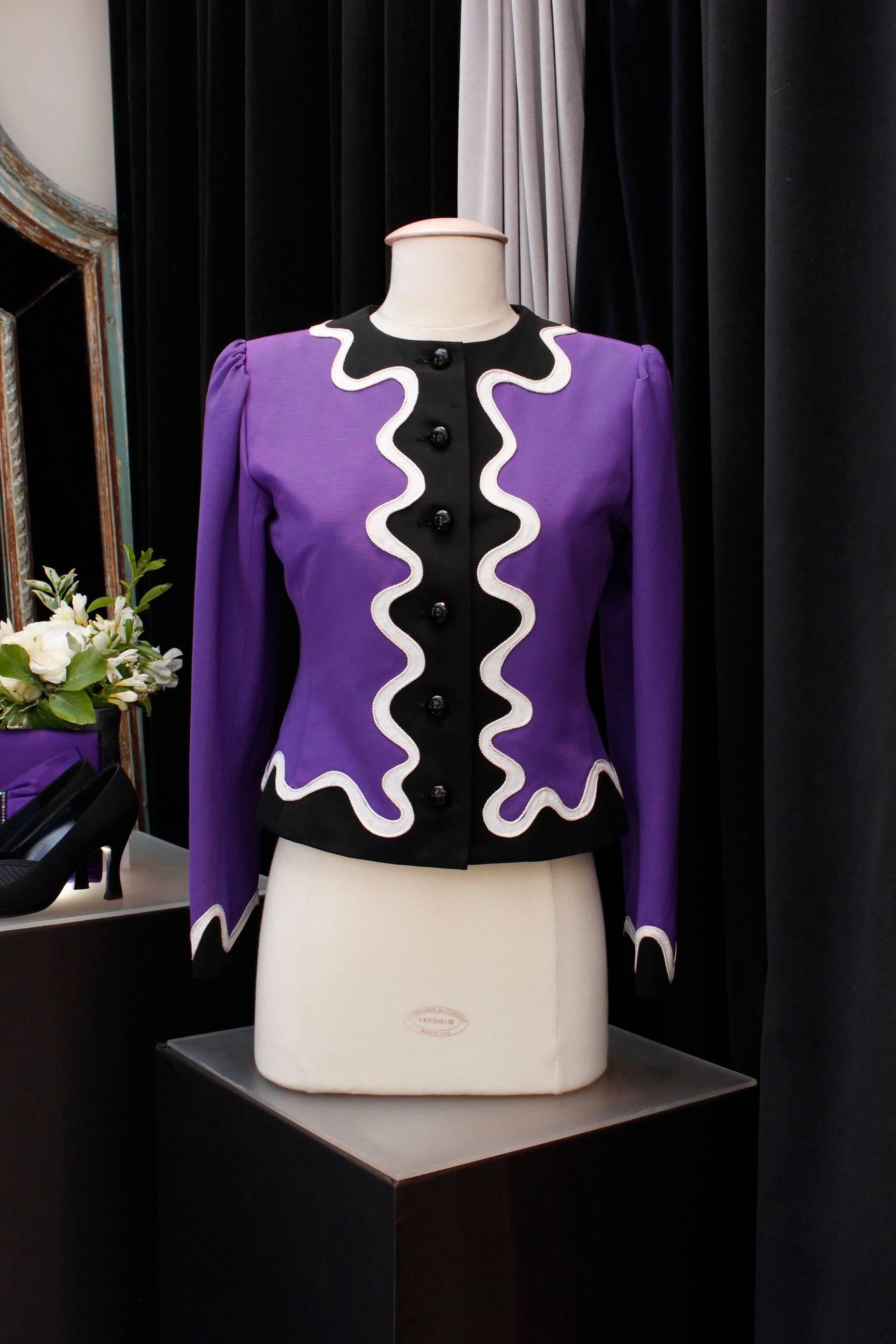 Yves Saint Laurent Rive Gauche dress and jacket set in purple, black and white  For Sale 1