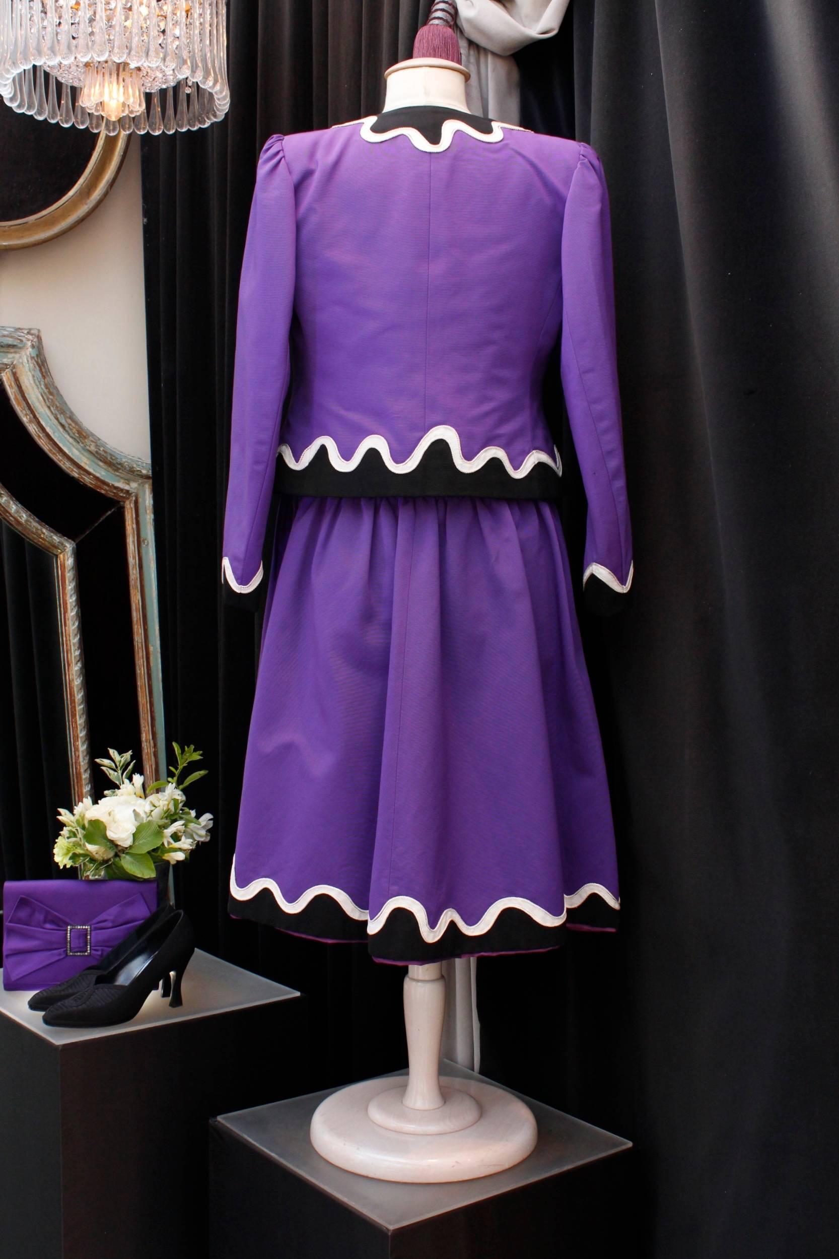 Purple Yves Saint Laurent Rive Gauche dress and jacket set in purple, black and white  For Sale