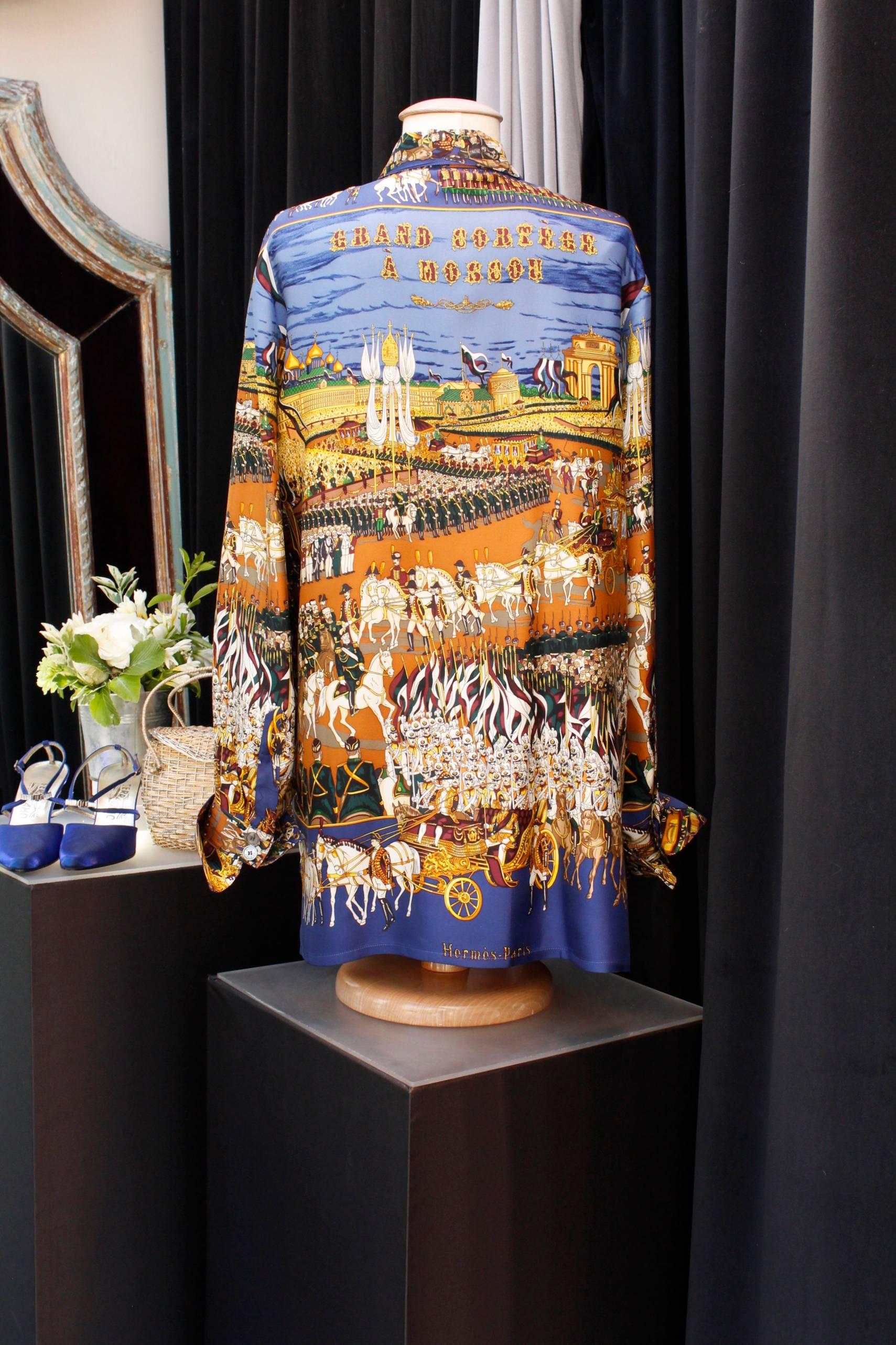 Brown 1990s Hermès “Grand cortège à Moscou” by Michel Duchene silk blouse
