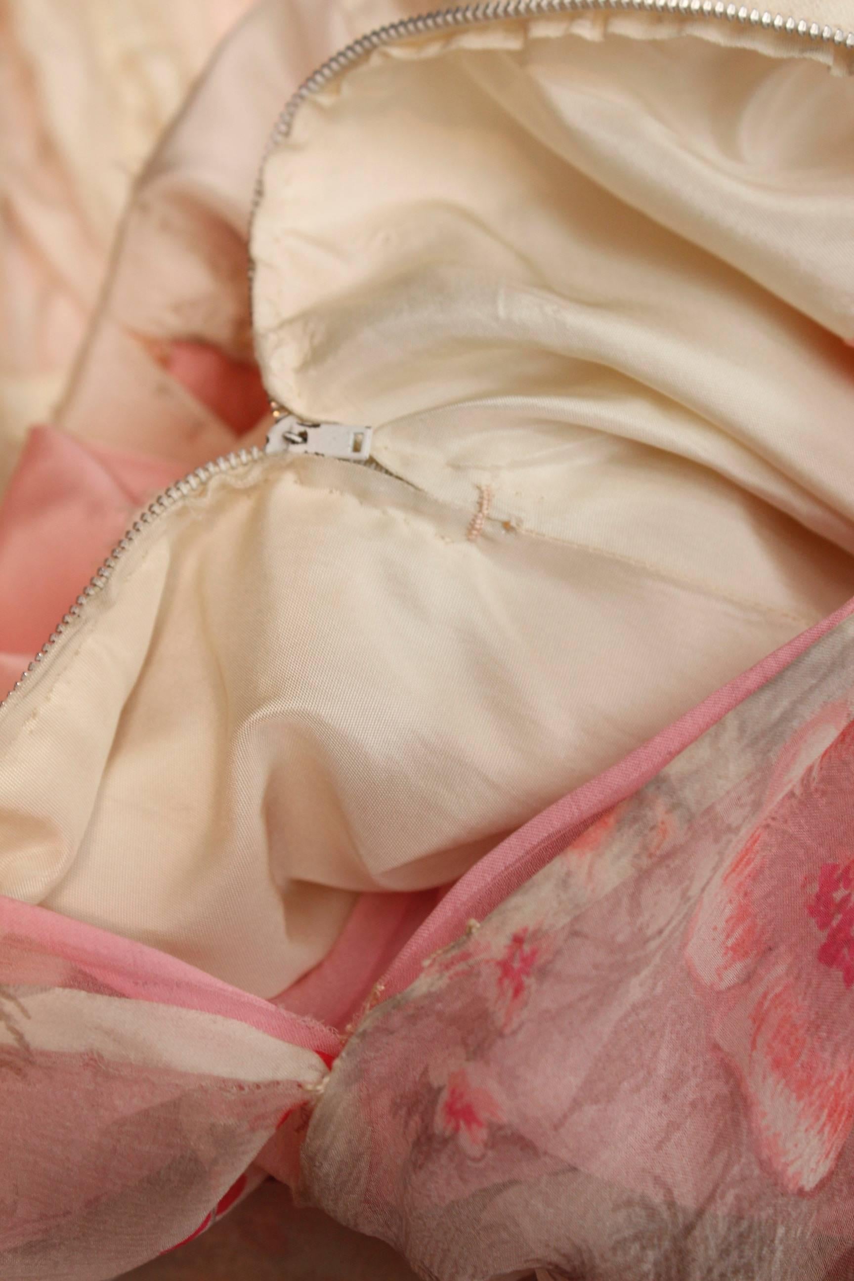 1960s, Carven Haute Couture bustier cocktail dress made of floral silk chiffon 4