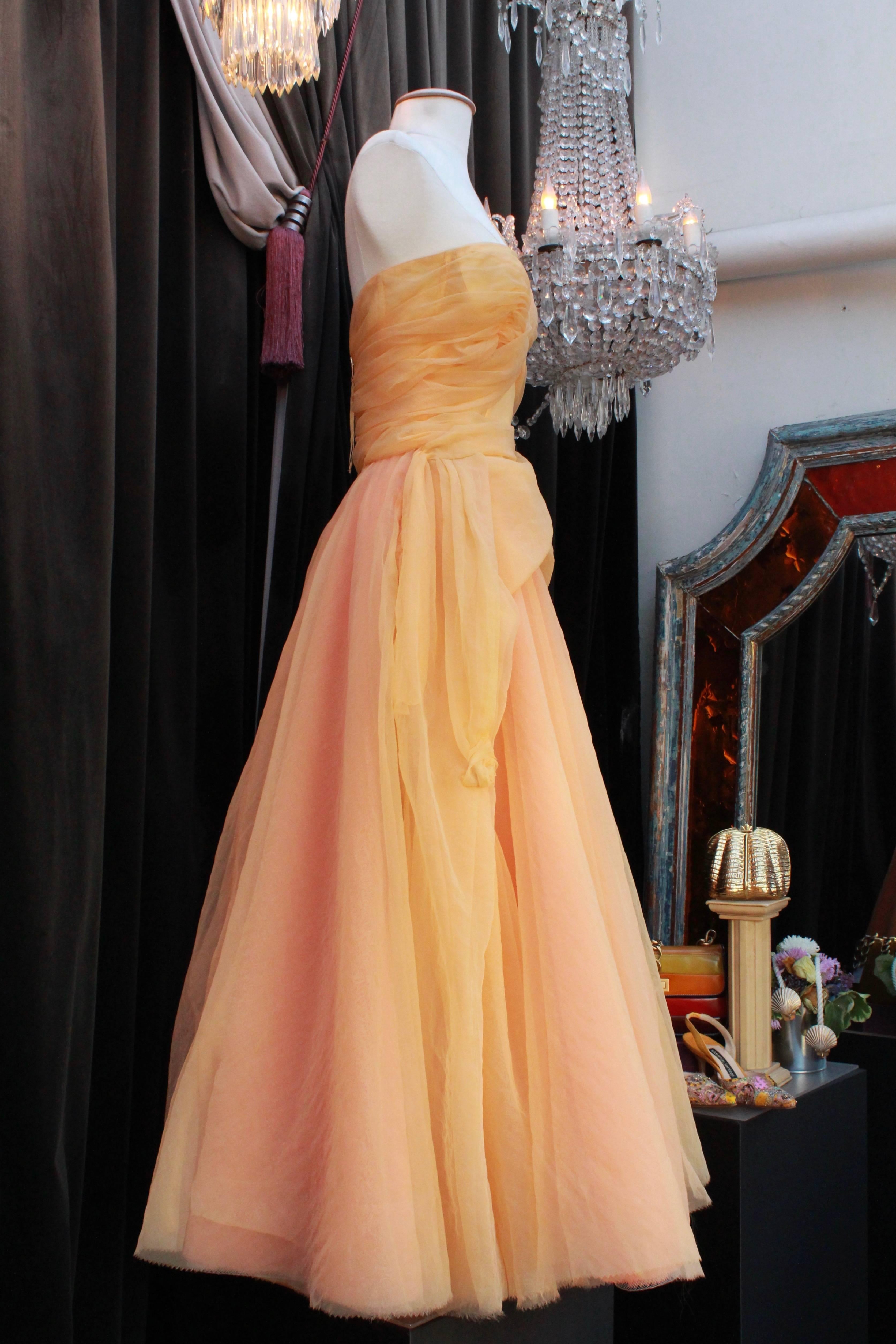 Jean Paul Gaultier long silk bustier dress with flounces in peach tones, 1990s  In Good Condition For Sale In Paris, FR