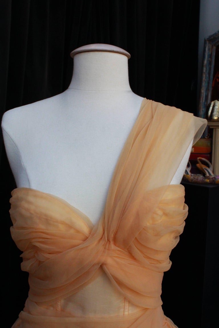 Jean Paul Gaultier long silk bustier dress with flounces in peach tones ...