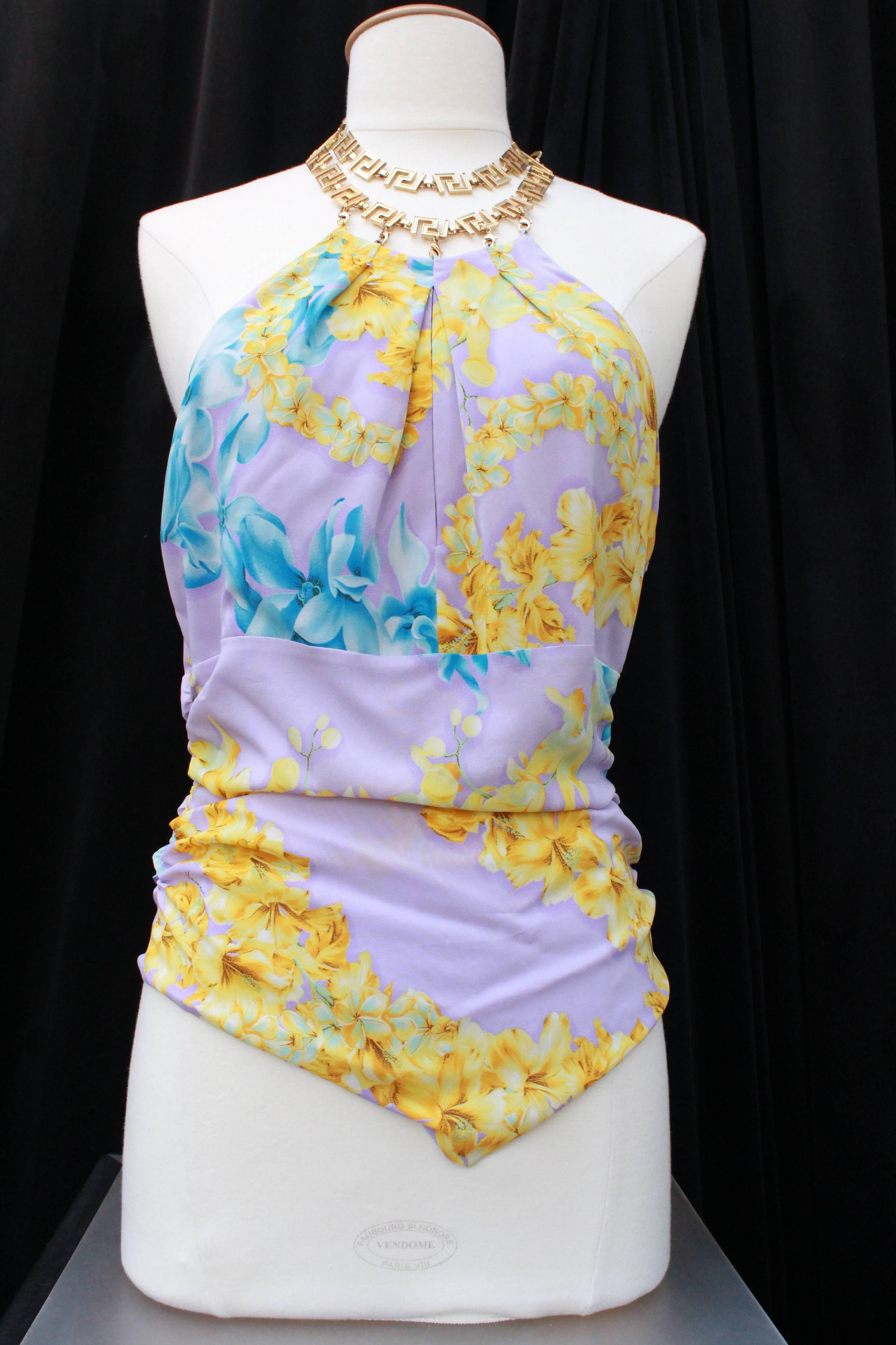 Women's Versace floral print silk evening set with a necklace tie, 2000s 