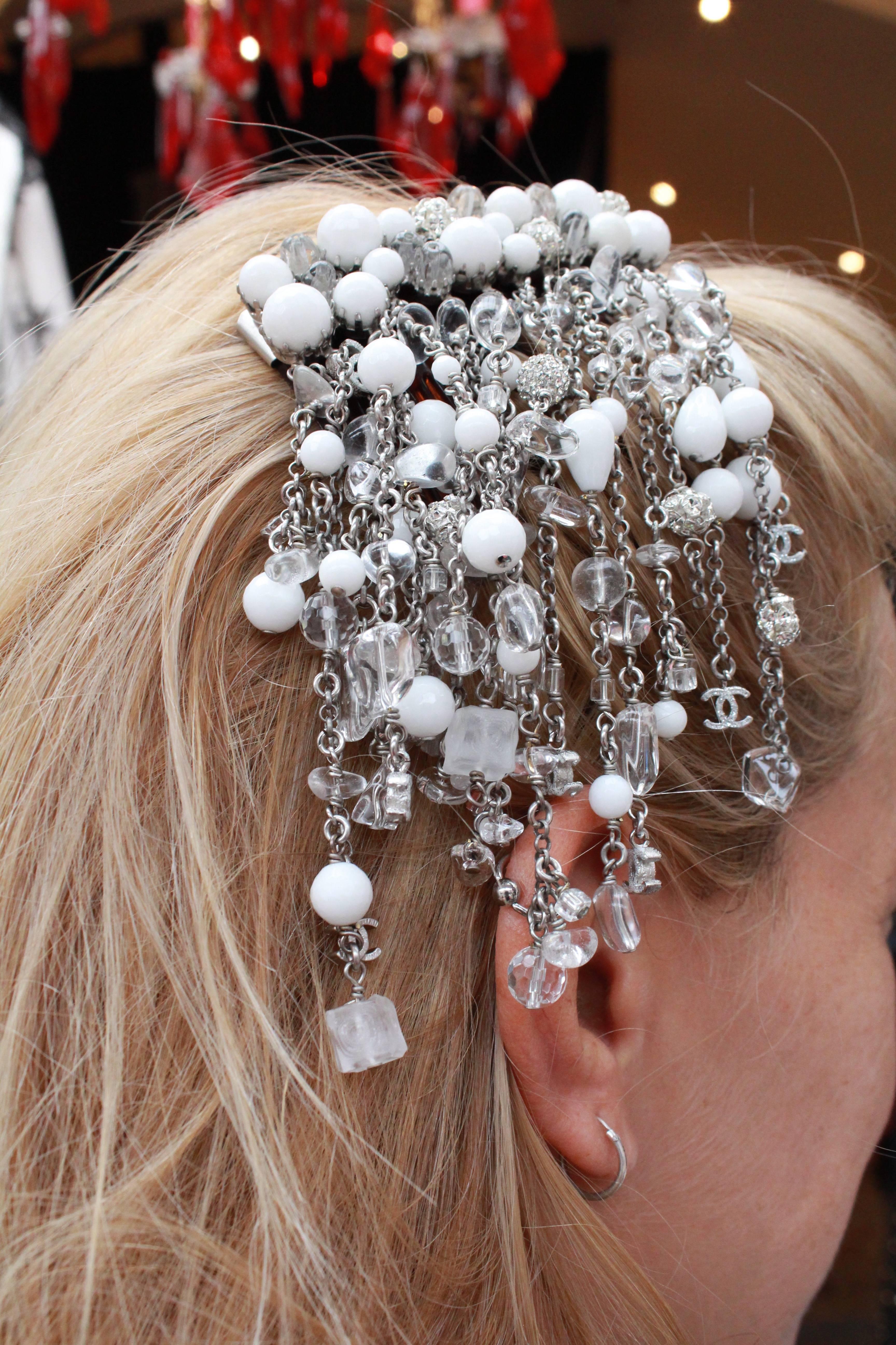 Black 2010s Chanel hair comb embellished with white beads, crystal and rhinestones