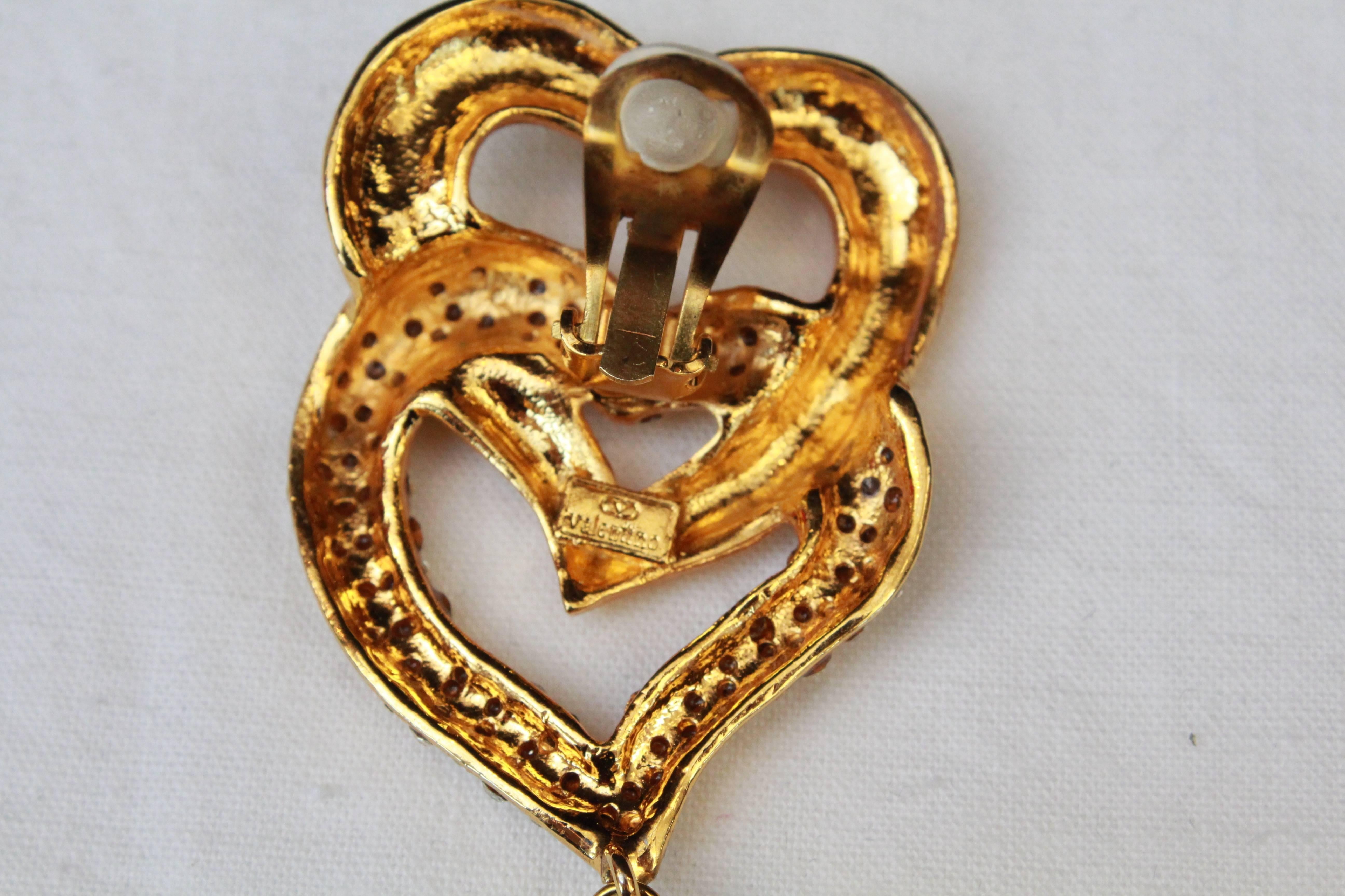 1990s Valentino gilded metal heart earrings with rhinestones 1