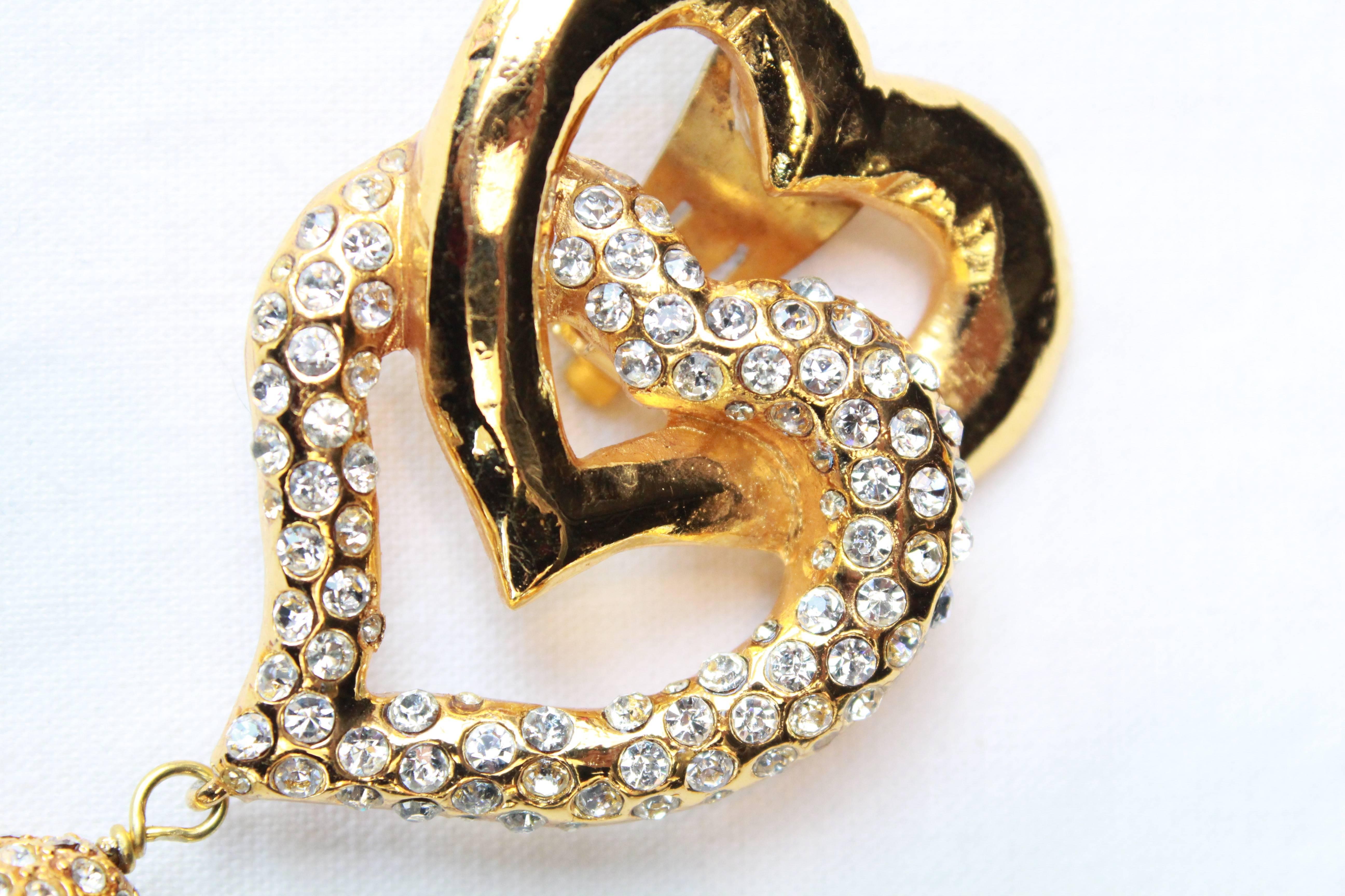 1990s Valentino gilded metal heart earrings with rhinestones 2