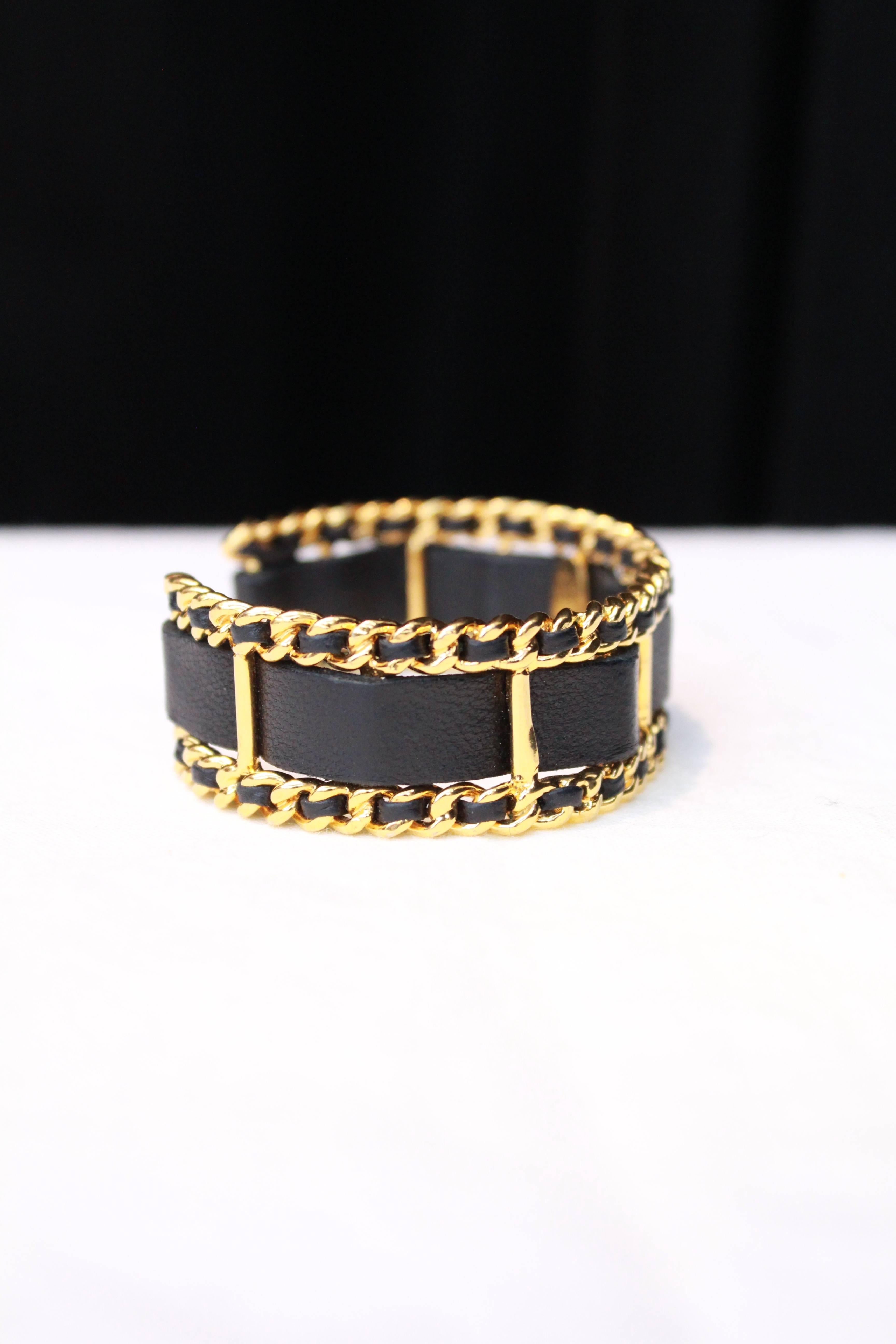 1990s Chanel black leather and and chain bangle cuff bracelet 1