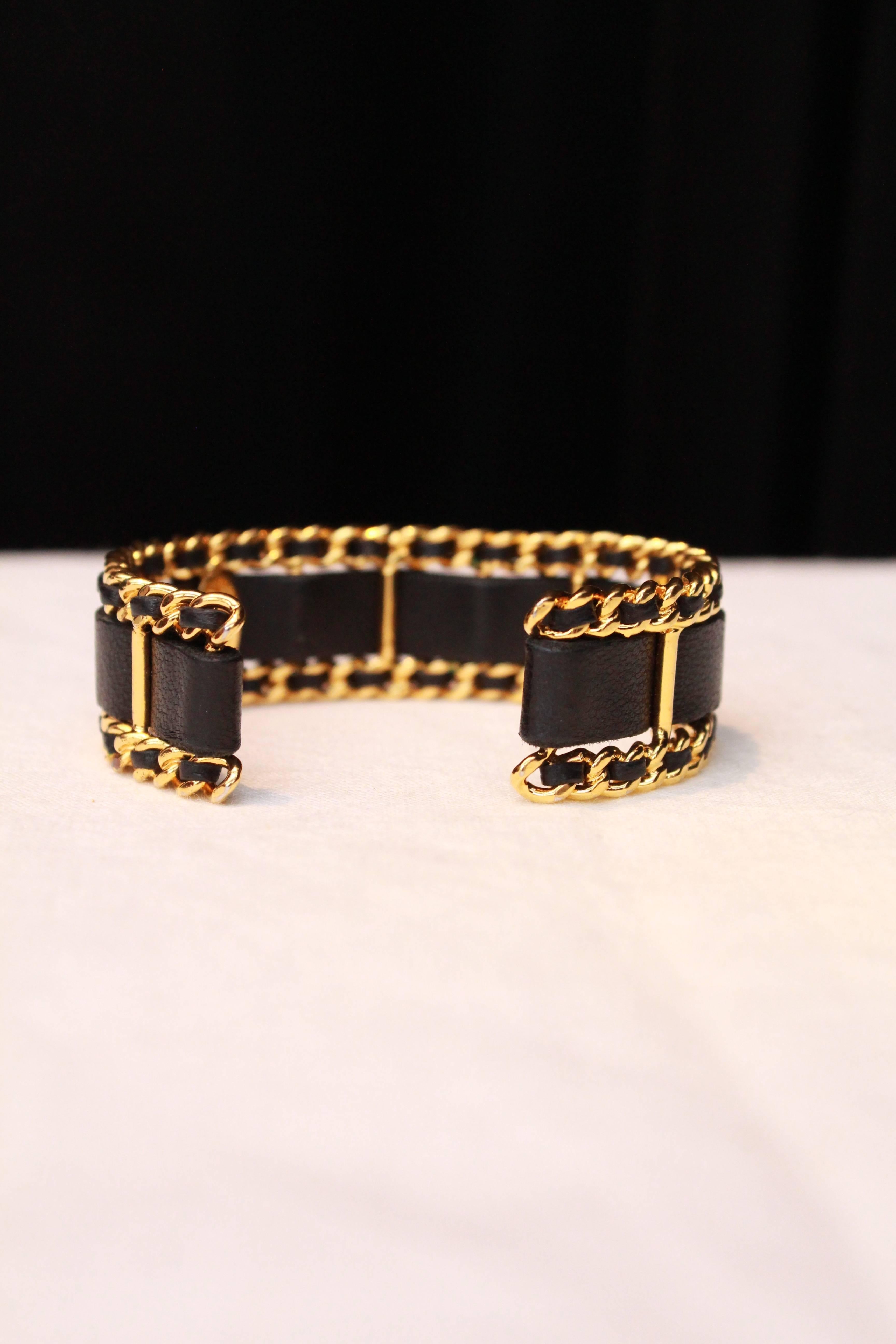 Women's 1990s Chanel black leather and and chain bangle cuff bracelet