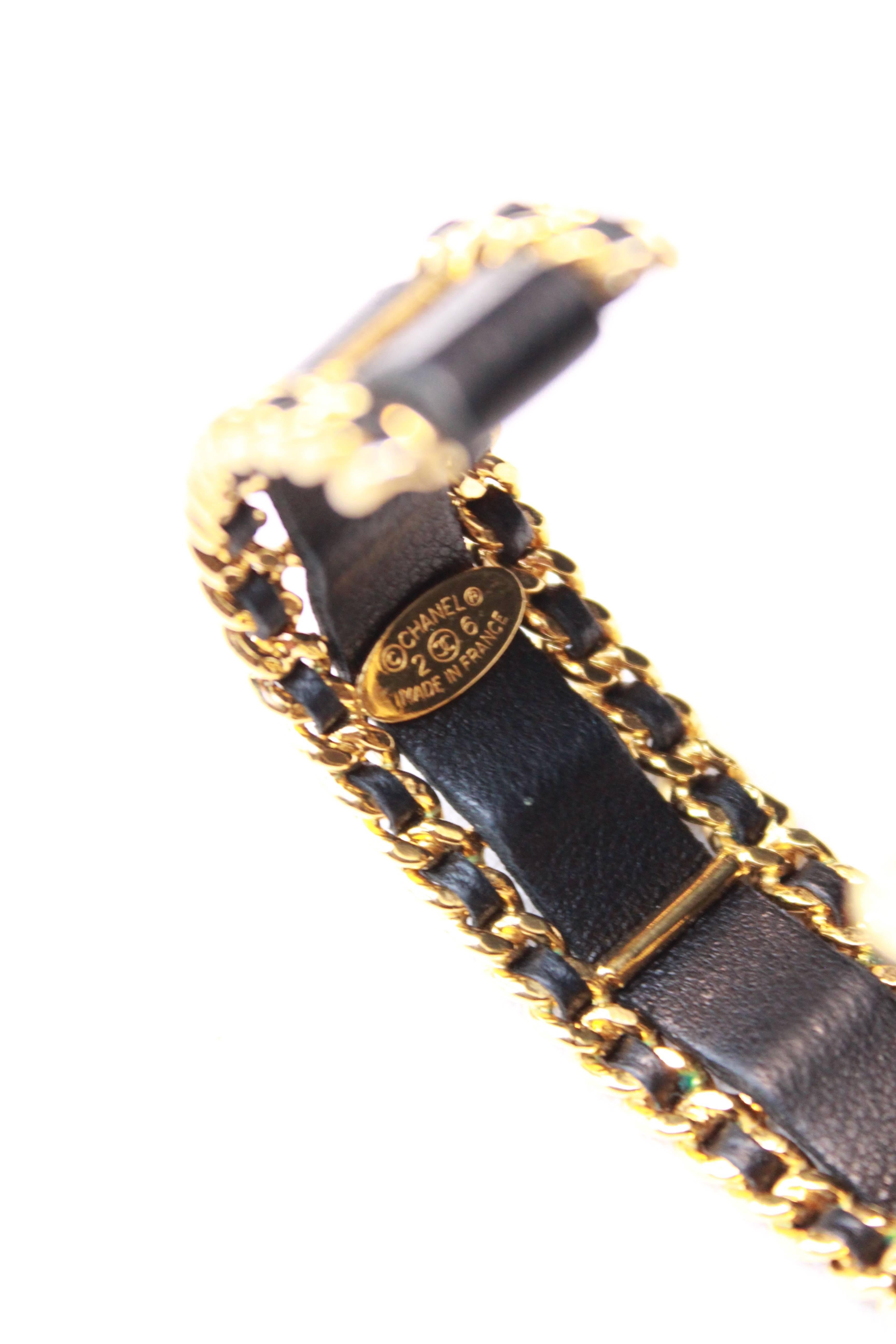 1990s Chanel black leather and and chain bangle cuff bracelet 2