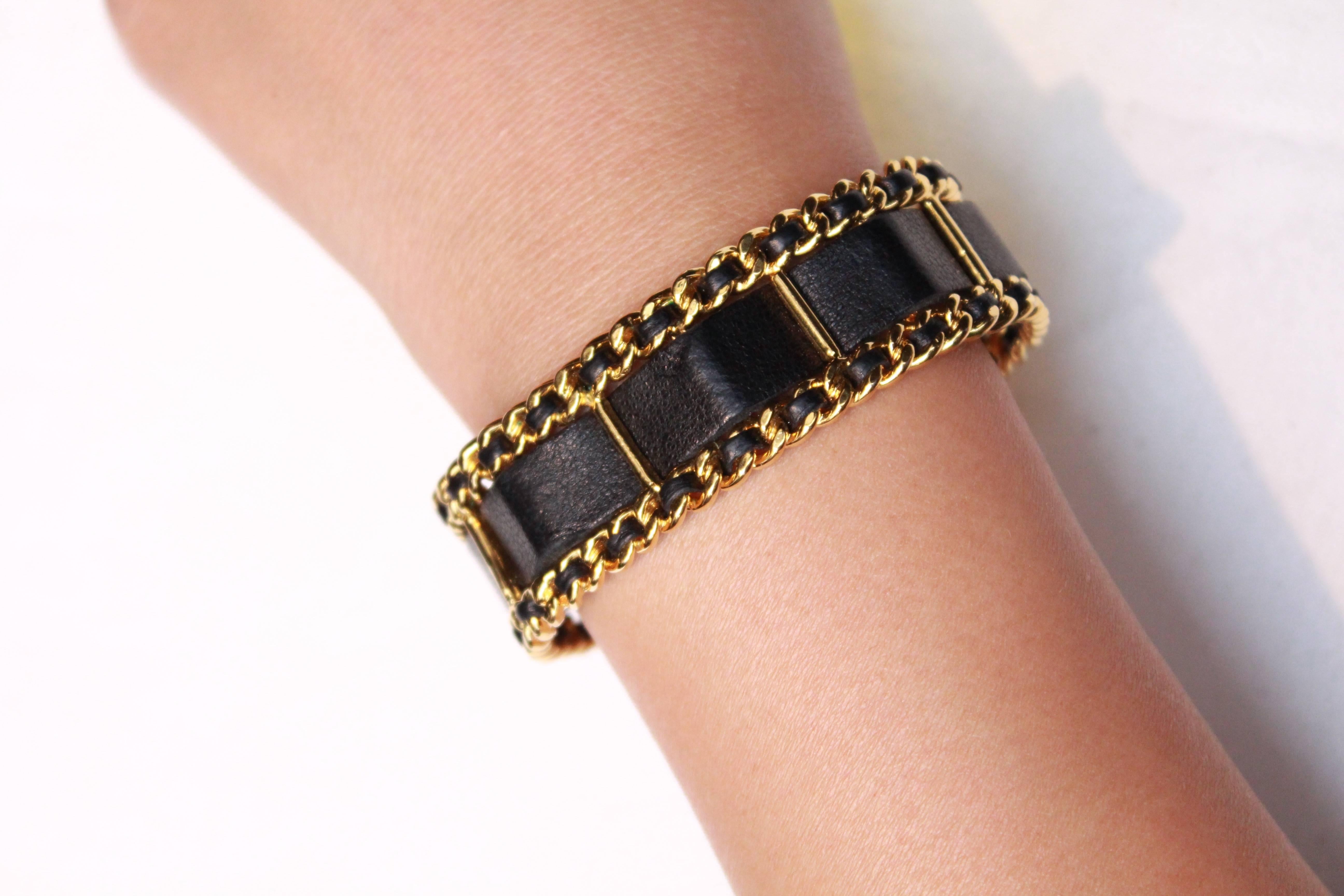 1990s Chanel black leather and and chain bangle cuff bracelet 3