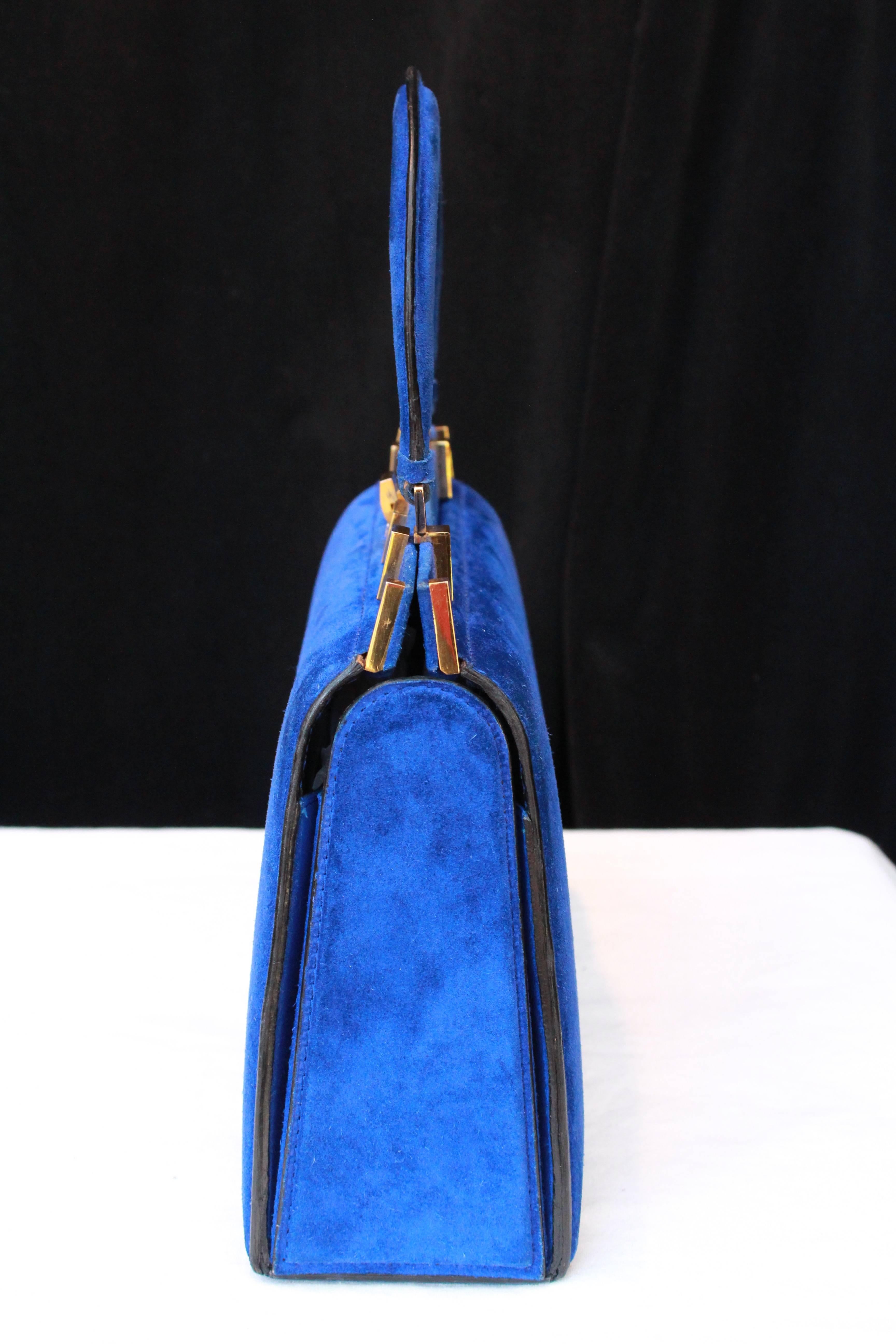 Blue 1960s, Fernande Desgranges trapezoid handbag in electric blue suede