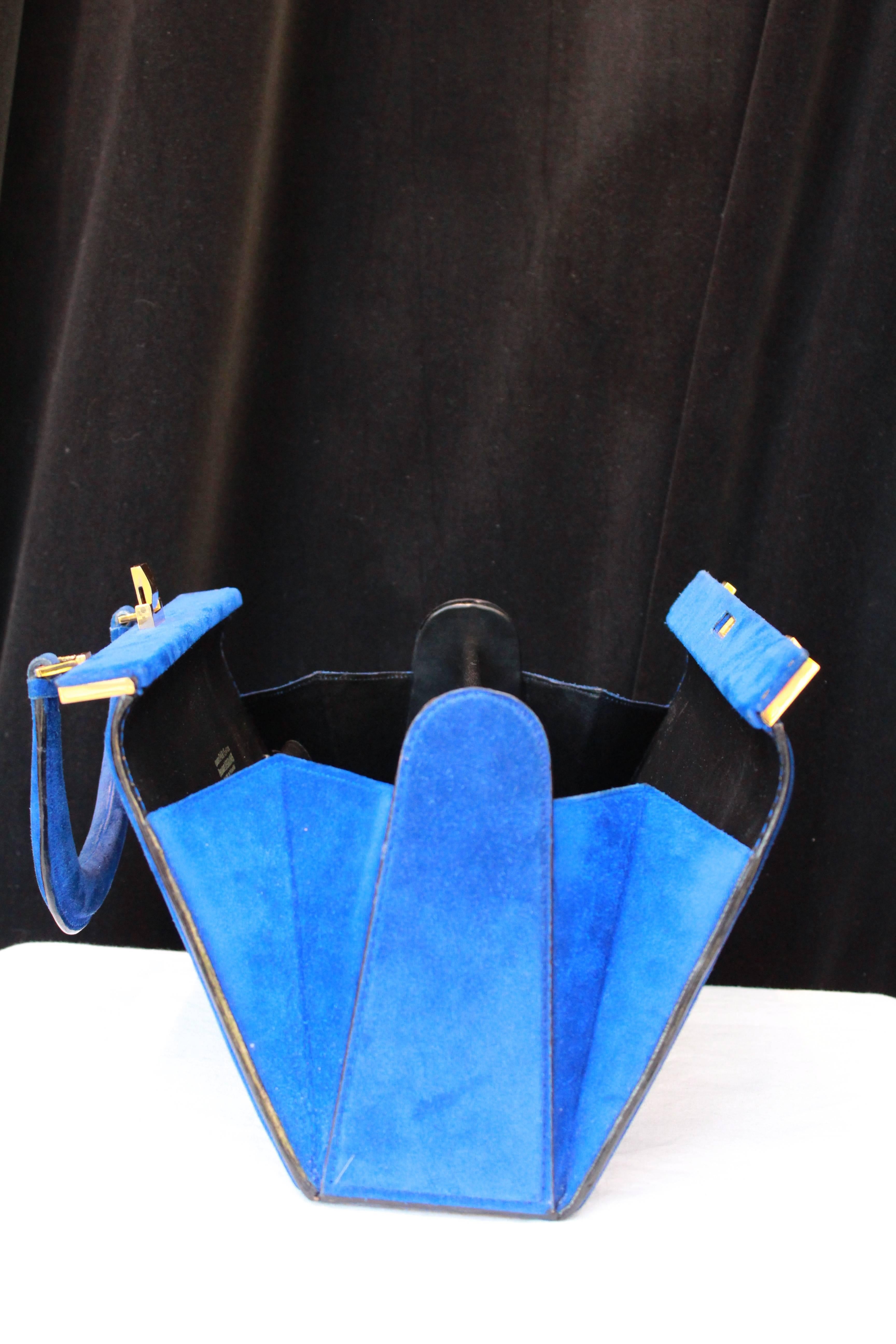 Women's 1960s, Fernande Desgranges trapezoid handbag in electric blue suede