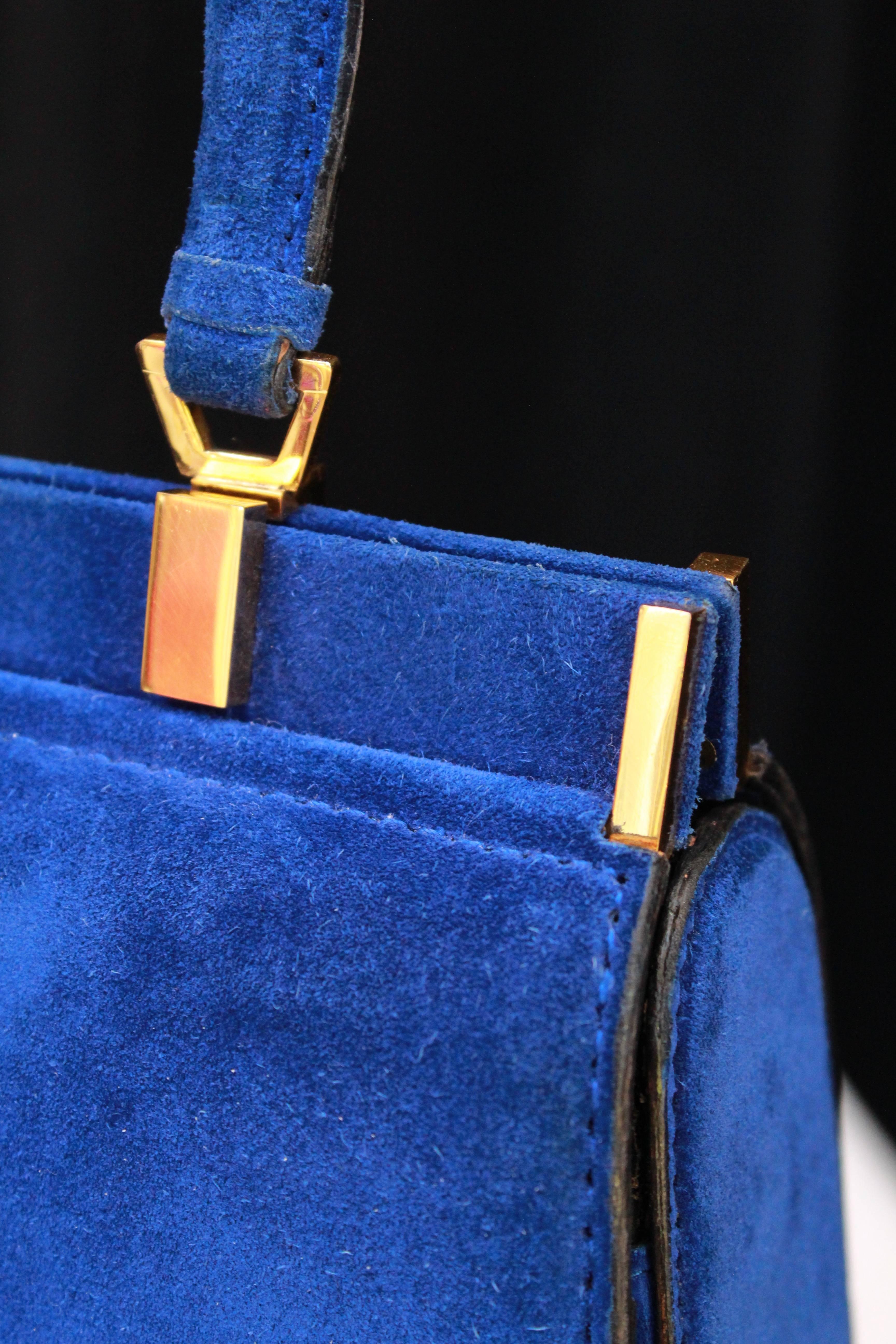 1960s, Fernande Desgranges trapezoid handbag in electric blue suede 1