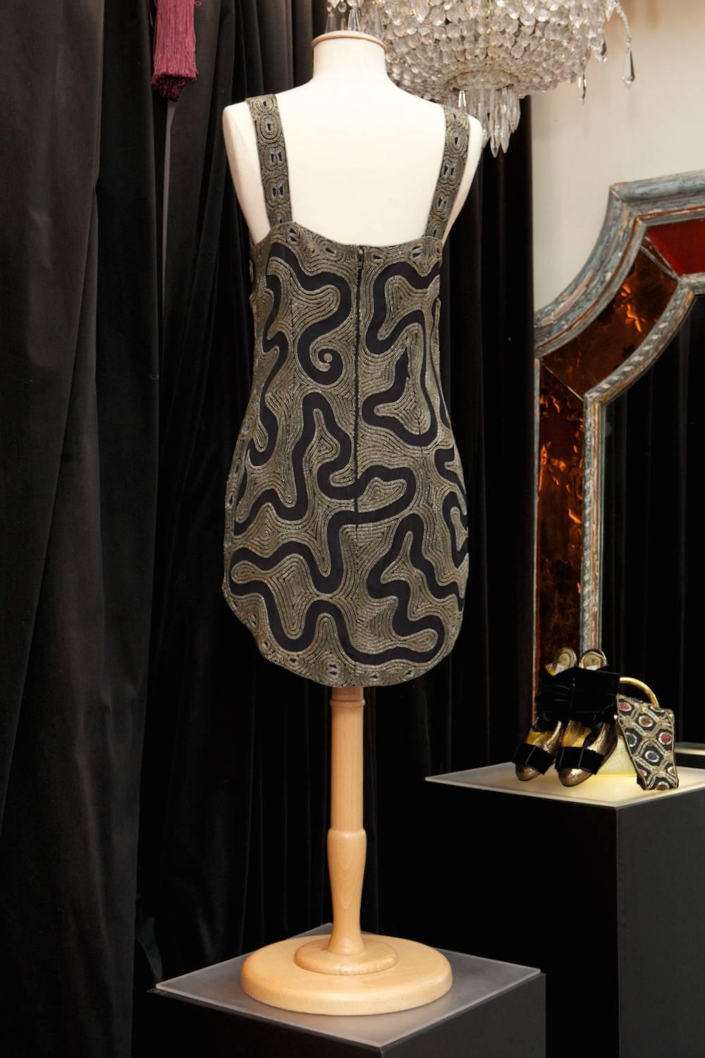 Black 1980s Karl Lagerfeld short evening dress in black silk and golden beads For Sale