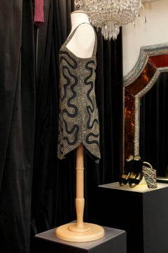 1980s Karl Lagerfeld short evening dress in black silk and golden beads