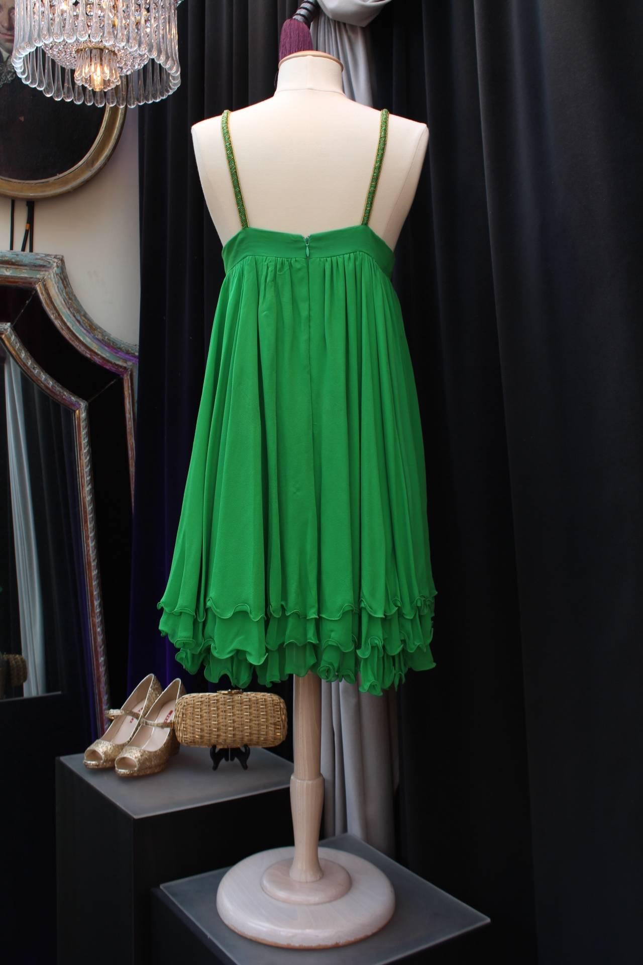 Serge Lepage Haute Couture embroidered green chiffon short dress, 1980s   (Grün) im Angebot