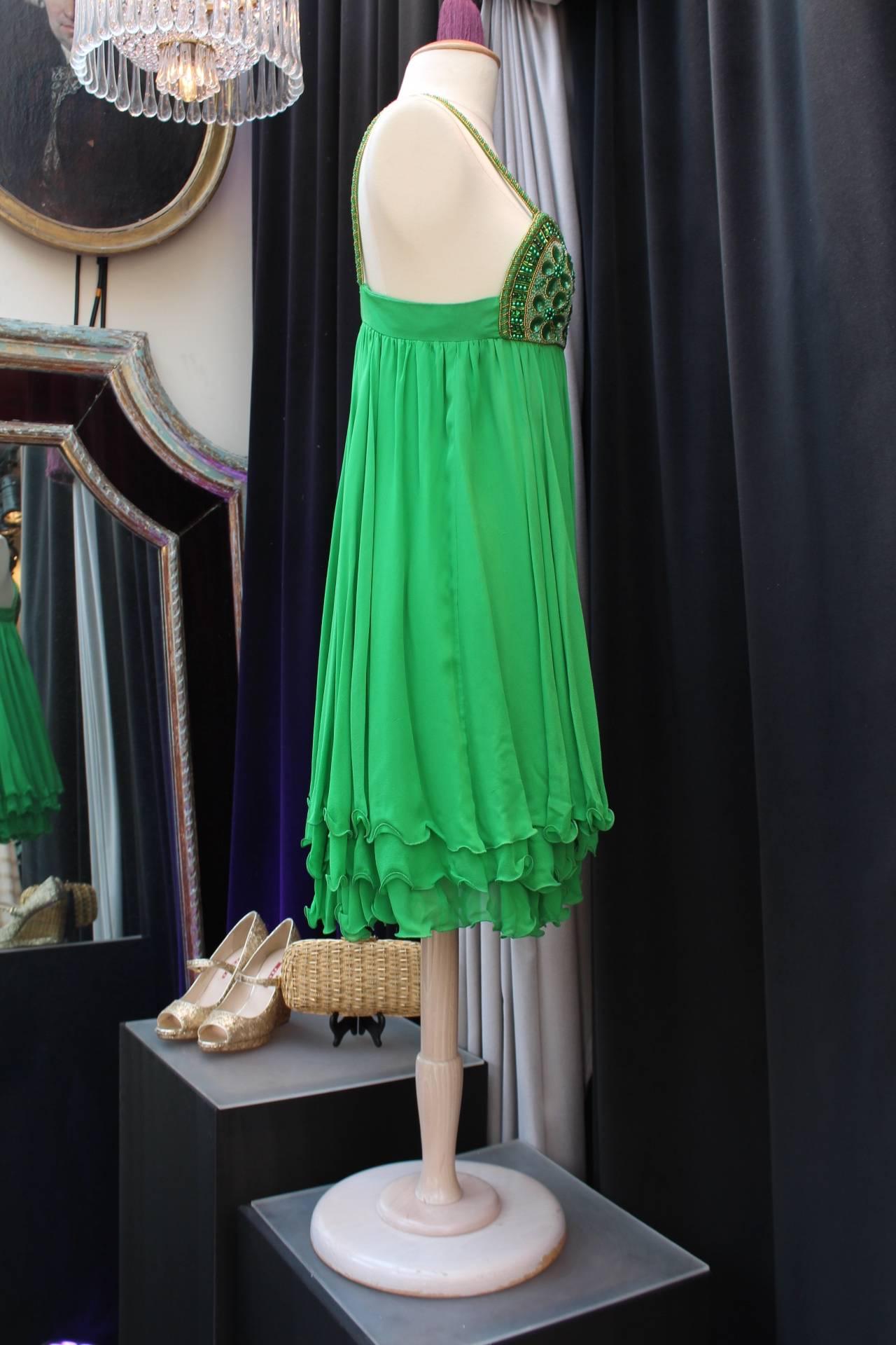 Green Serge Lepage Haute Couture embroidered green chiffon short dress, 1980s   For Sale