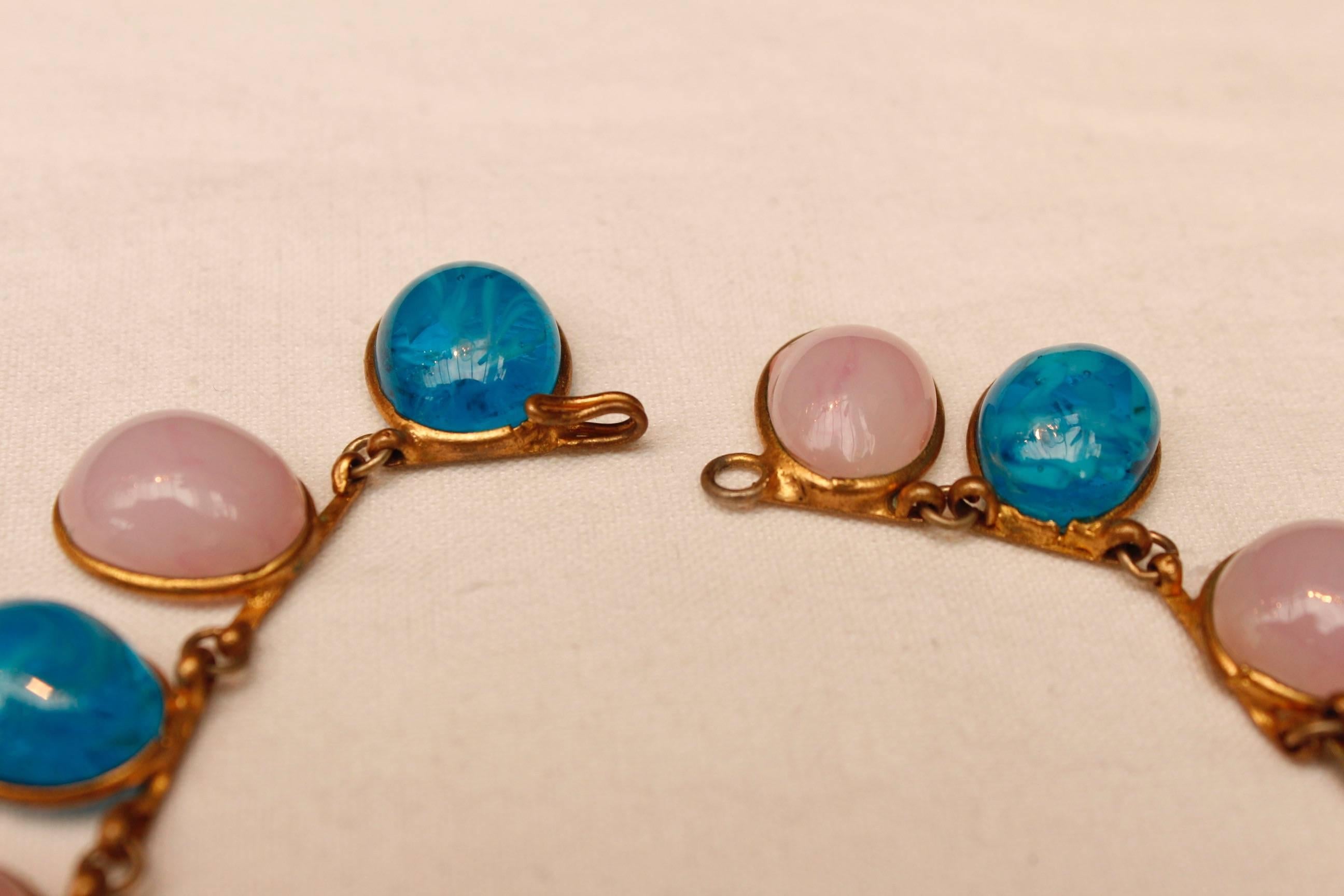 1960s Chanel Choker Composed of Pink and Blue Glass Paste Cabochons For Sale 3