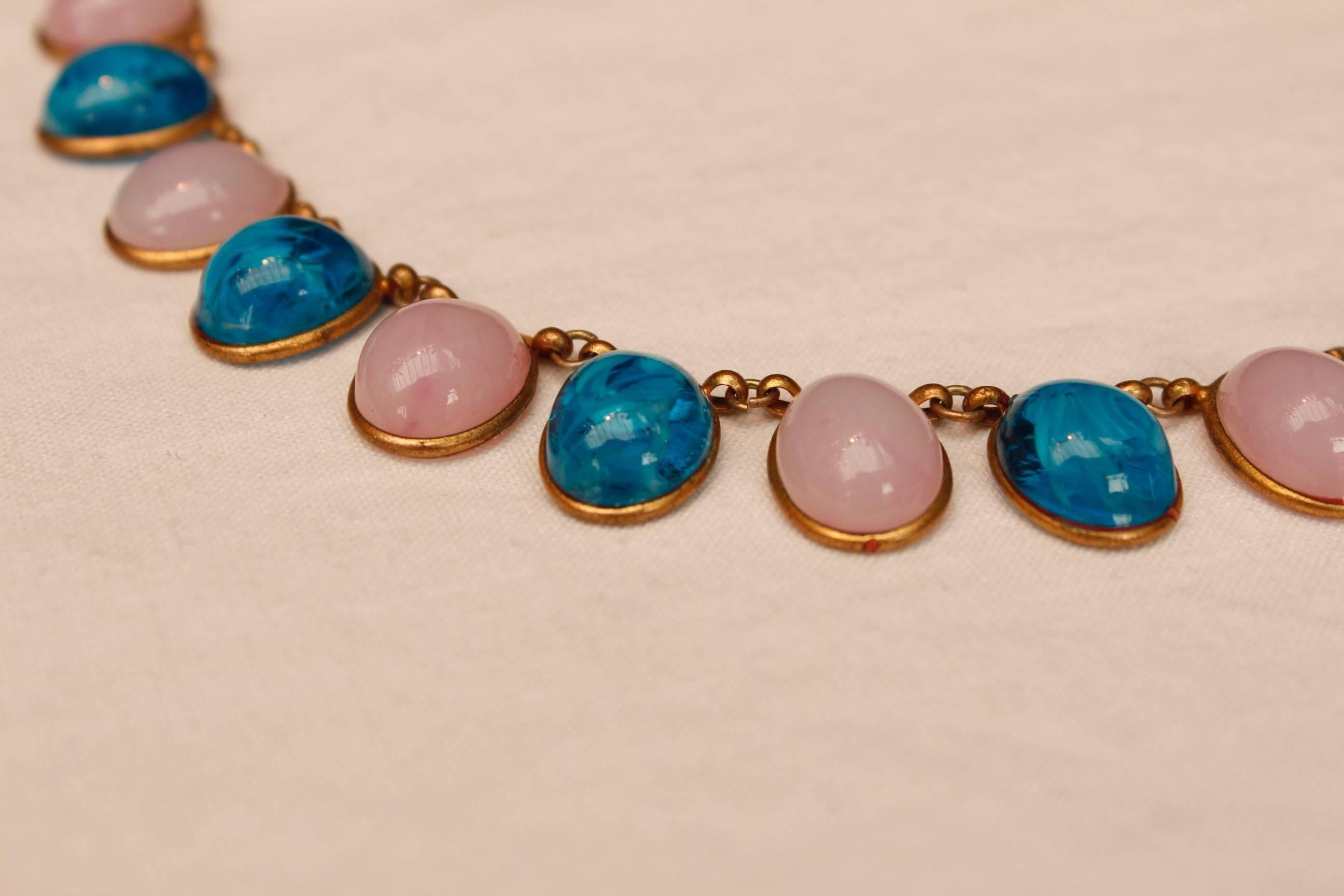 1960s Chanel Choker Composed of Pink and Blue Glass Paste Cabochons For Sale 1