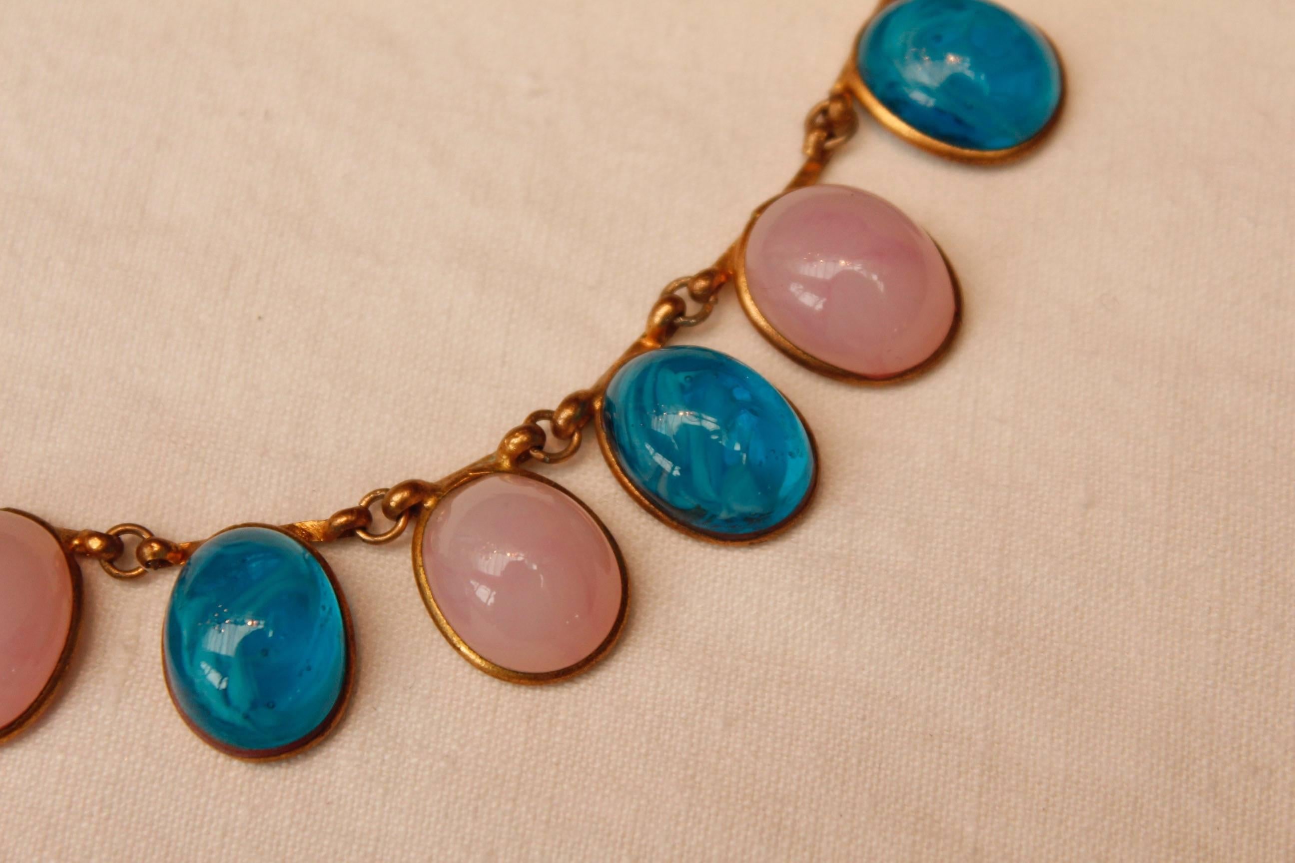 1960s Chanel Choker Composed of Pink and Blue Glass Paste Cabochons For Sale 2