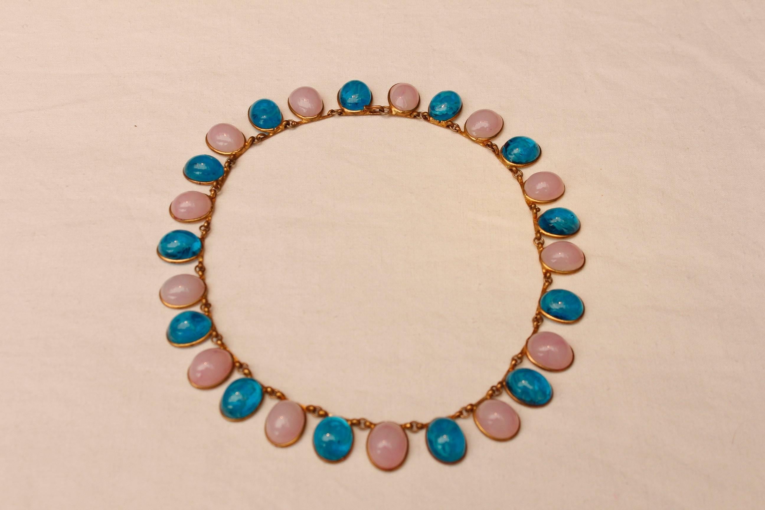 Women's 1960s Chanel Choker Composed of Pink and Blue Glass Paste Cabochons For Sale