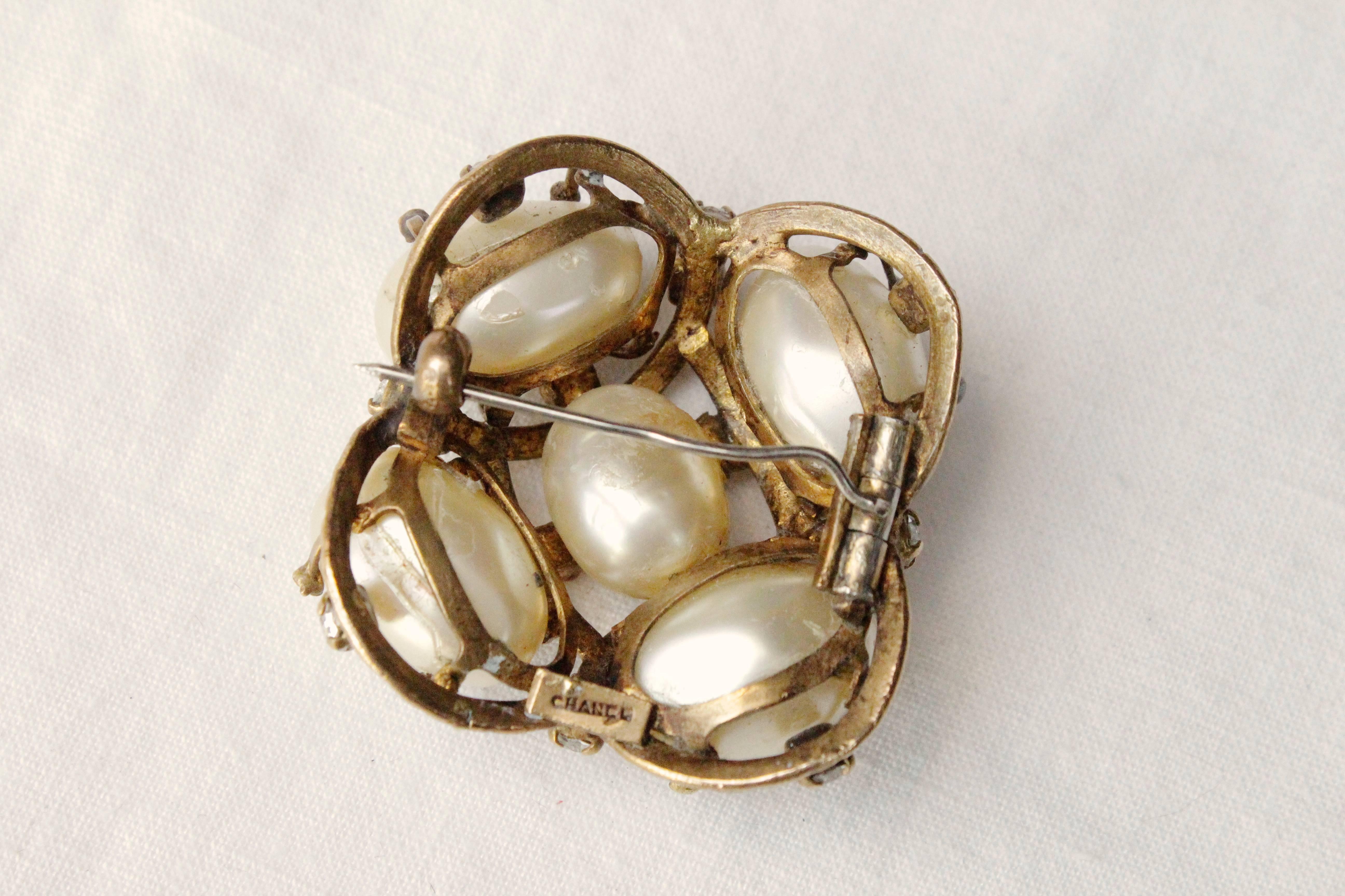 1955-1965s Chanel vintage brooch made of pearly beads and rhinestones  1