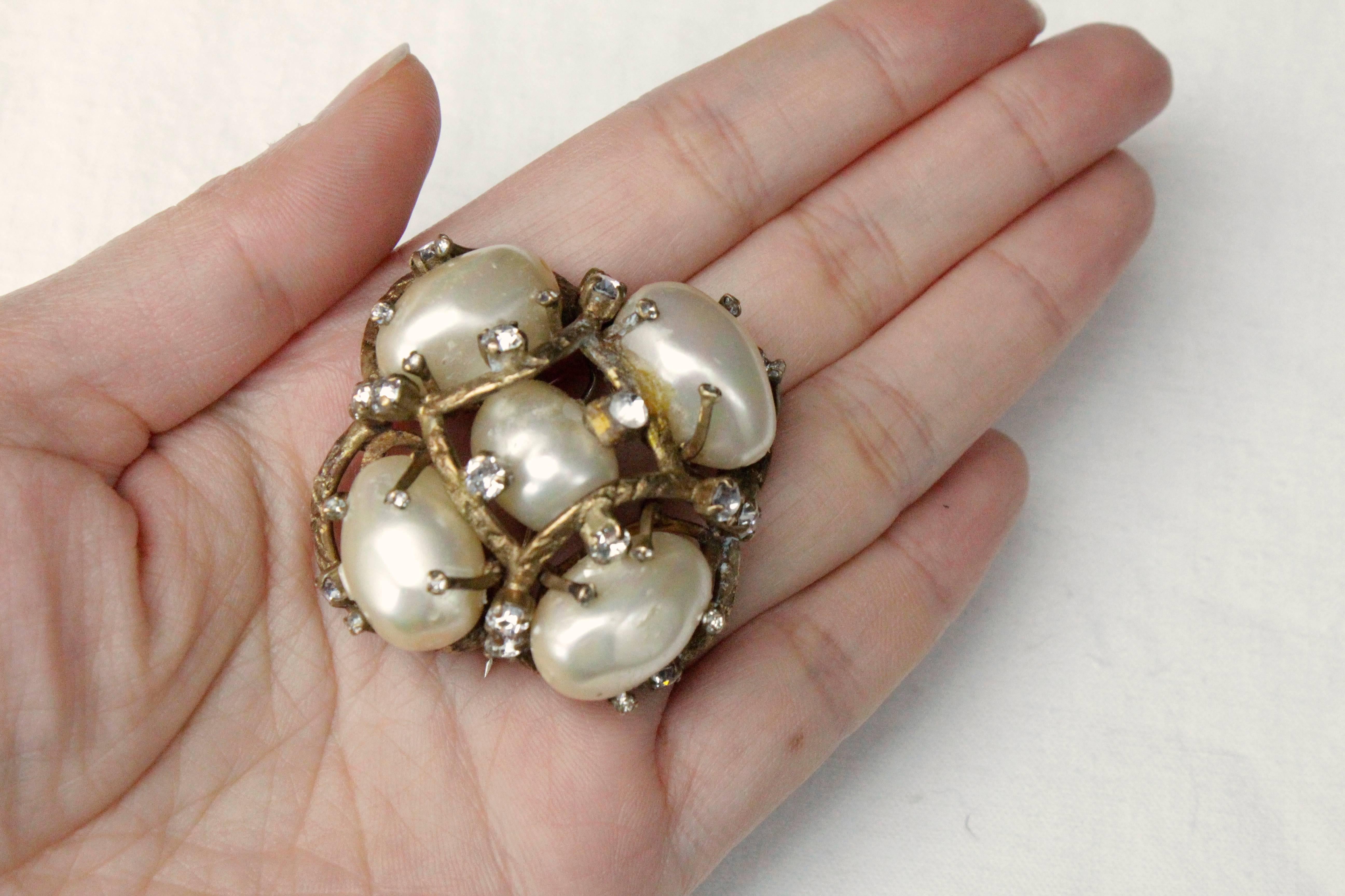 1955-1965s Chanel vintage brooch made of pearly beads and rhinestones  2