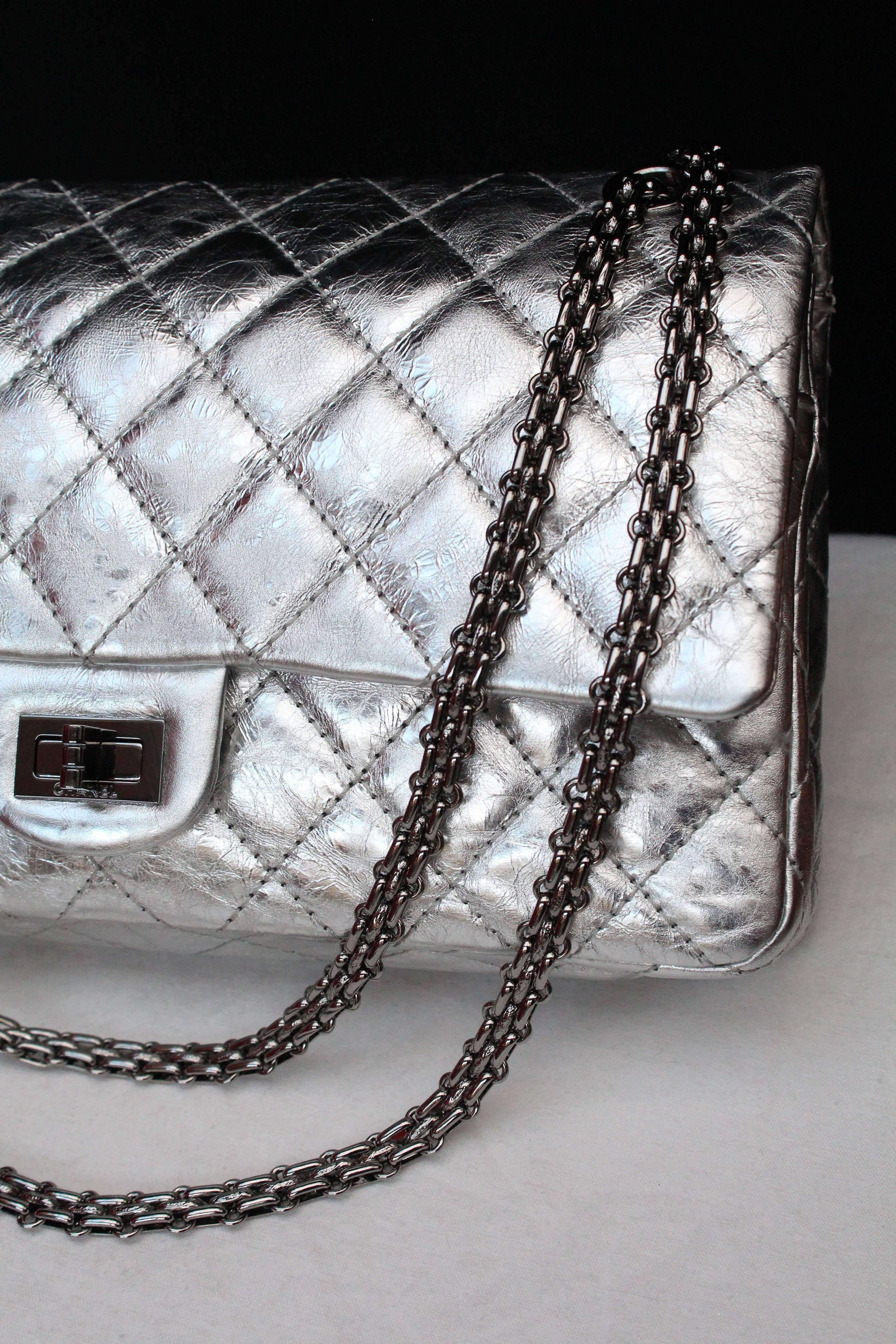 Chanel quilted 2.55 Model limited edition silvery leather bag  2